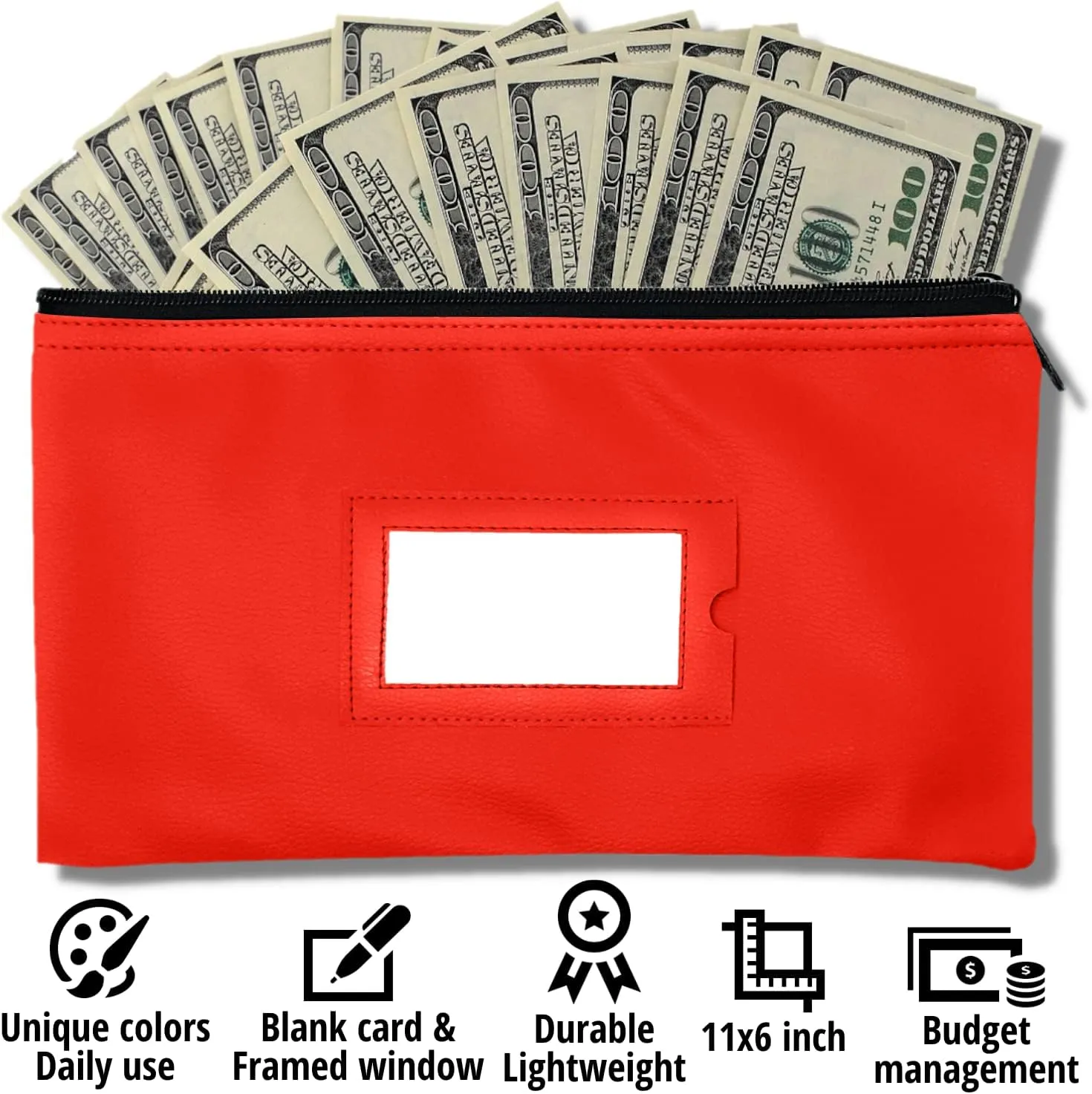 Money Bank Deposit Bag with Zipper | 11x6 inch | Red | Durable Leatherette Money Cash Coin Check Wallet Pouch for Men & Women with Framed ID Window and Blank Card (3)