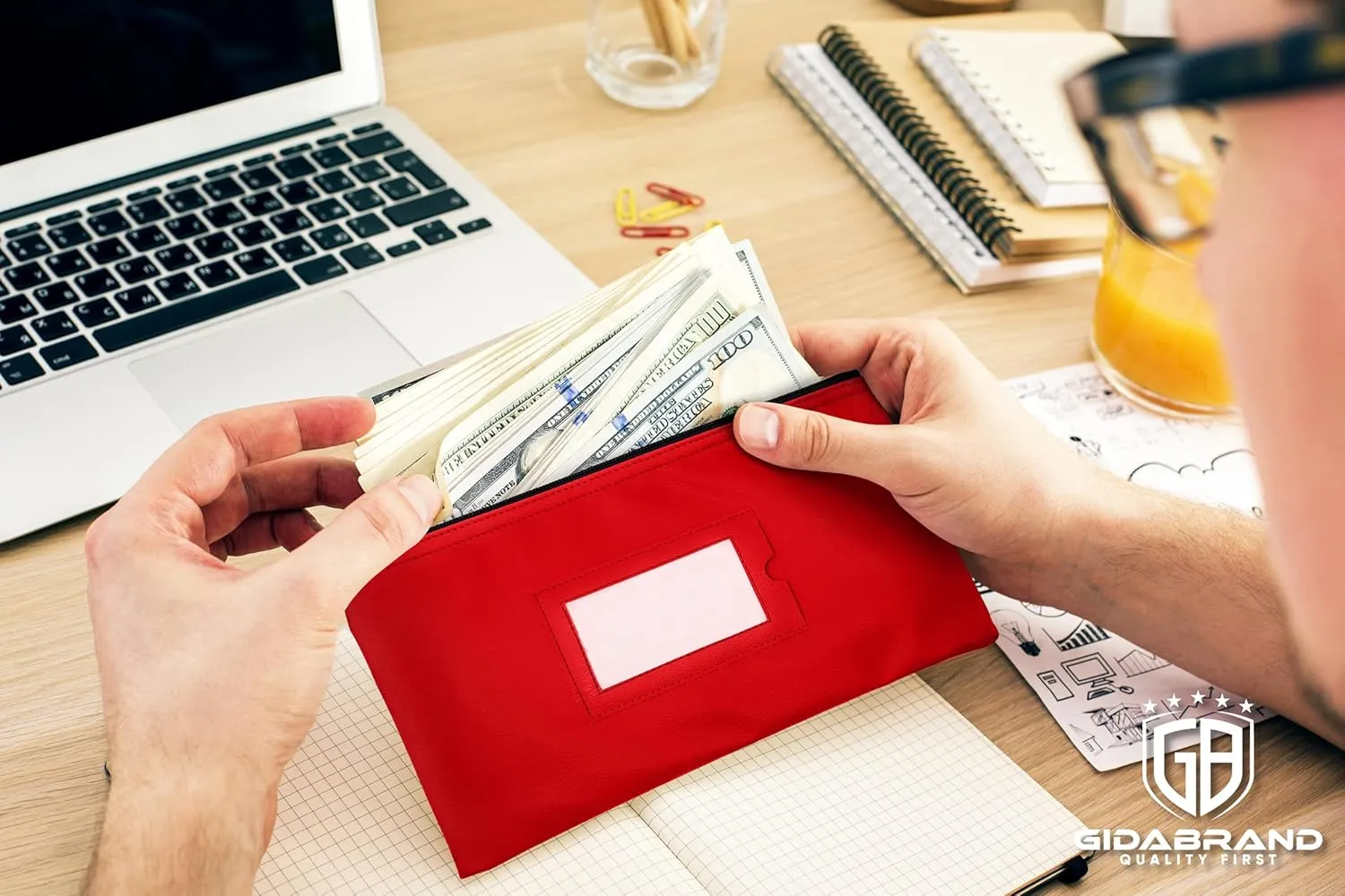 Money Bank Deposit Bag with Zipper | 11x6 inch | Red | Durable Leatherette Money Cash Coin Check Wallet Pouch for Men & Women with Framed ID Window and Blank Card (3)