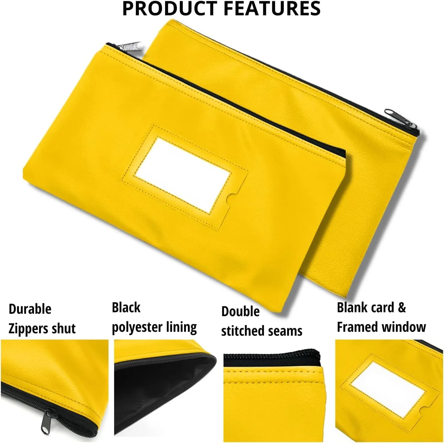 Money Bank Deposit Bag with Zipper | 11x6 inch | Yellow | Durable Leatherette Money Cash Coin Check Wallet Pouch for Men & Women with Framed ID Window and Blank Card (10)