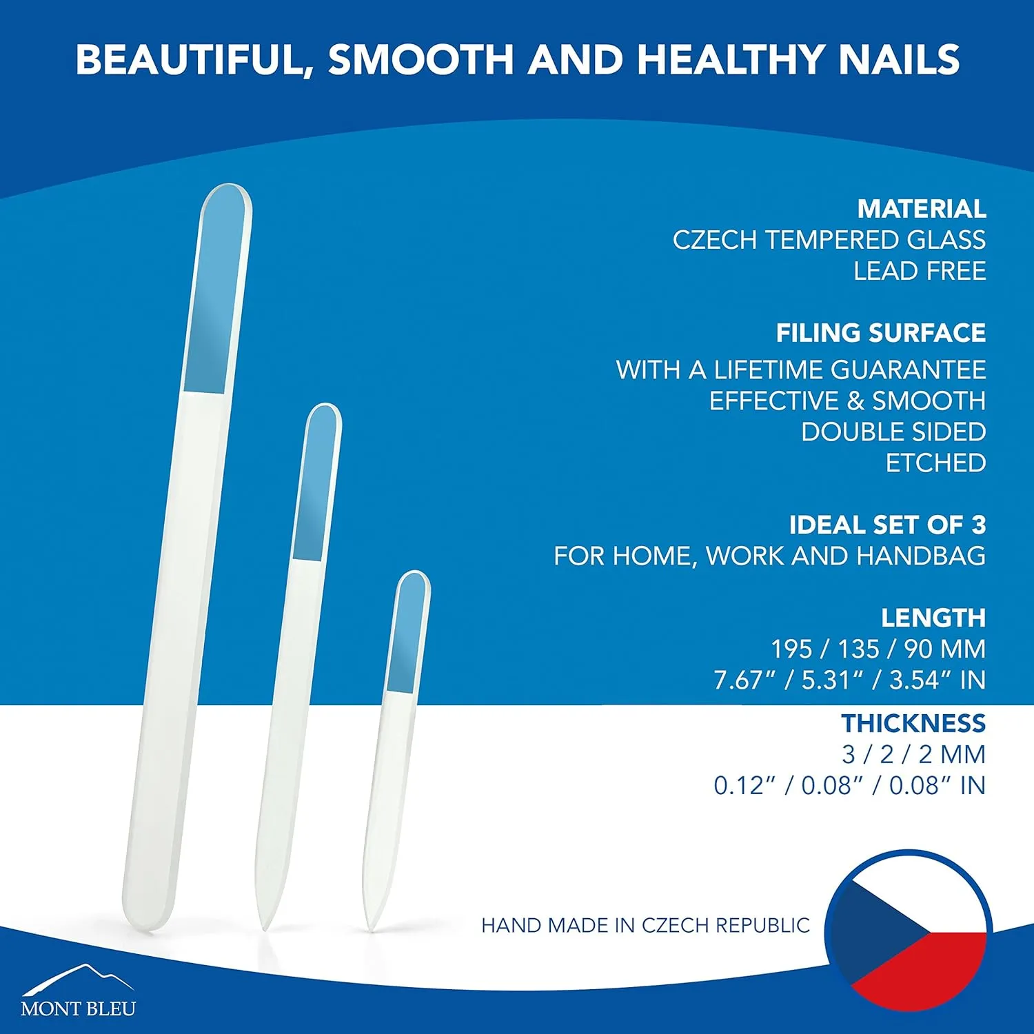 Mont Bleu Set of 3 Crystal Nail Files Hand Decorated with Crystals from Swarovski® | Hand Made, Czech Tempered Glass, Lifetime Guaranty