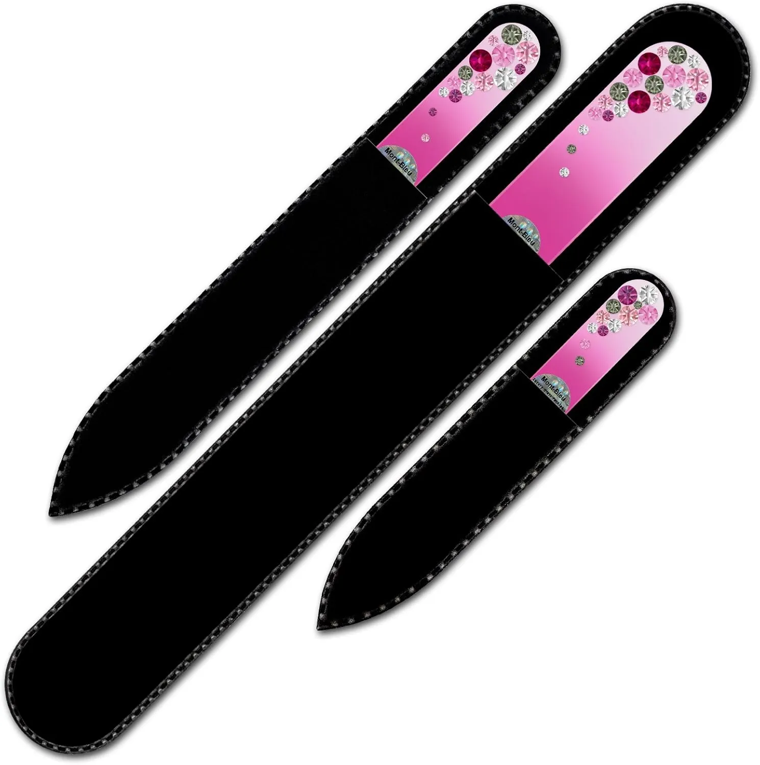 Mont Bleu Set of 3 Glass Nail Files hand decorated with crystals - Handmade gifts - Czech Tempered Glass - Excellent Nail Filing Tools - The Best Gifts - Crystal Nail File