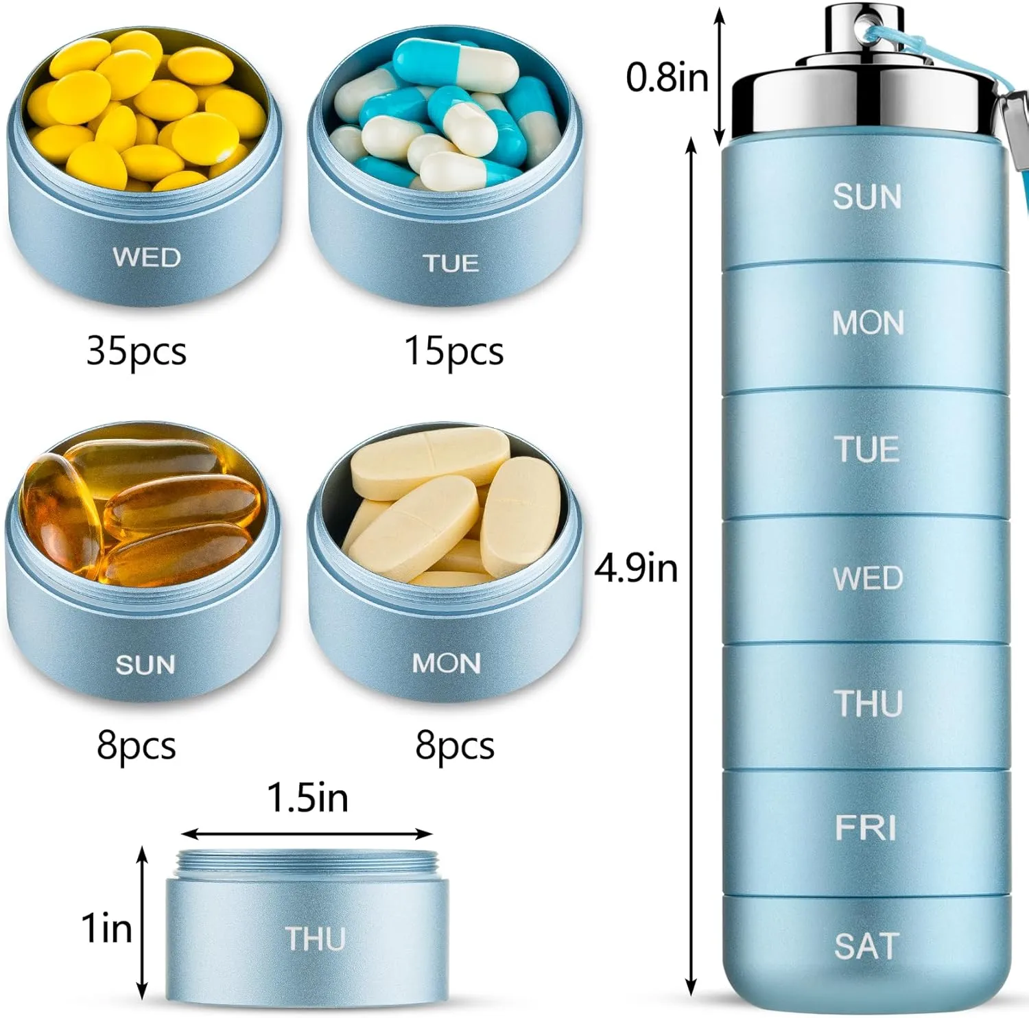Mossime Metal Pill Organizer Weekly, Stackable Waterproof Travel Pill Box, Large Aluminum Alloy Pill Case Container, BPA Free 7 Day Daily Medicine Organizer for Vitamin, Fish Oil, Supplement