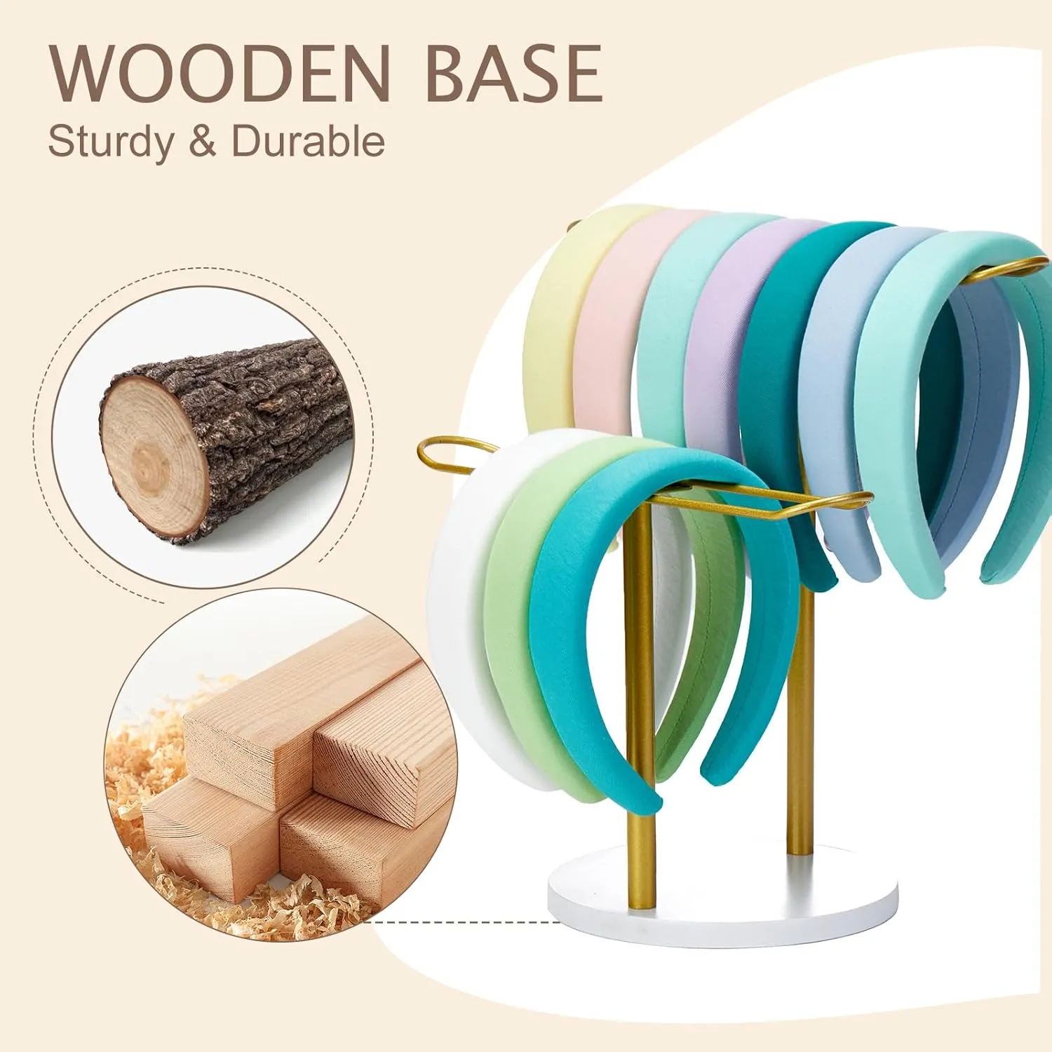 MoyRetty Headband Holder(Wooden Base), 2-Tier Metal Organizer Hair Hoop Display Stand Storage Hair Ropes Bow Accessories Bracelets Bangles Bedroom College Dorm Decor for Girls Women-Gold