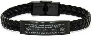Multimedia Artist Braided Leather Bracelet, If at first you don't succeed, try doing what your athletic trainer told you to do the first time., Laser Engraved, Stainless Steel Wristband