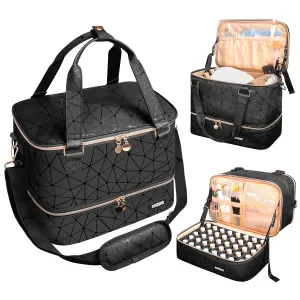 Nail Polish Organizer Bag Holds Nail Lamp& 50 Bottles (15ml/0.5fl.oz), PU Leather Nail Supplies Organizer Case with Shoulder& Holder Strap, Travel Nail Kit Storage for Manicure Tools (Black)