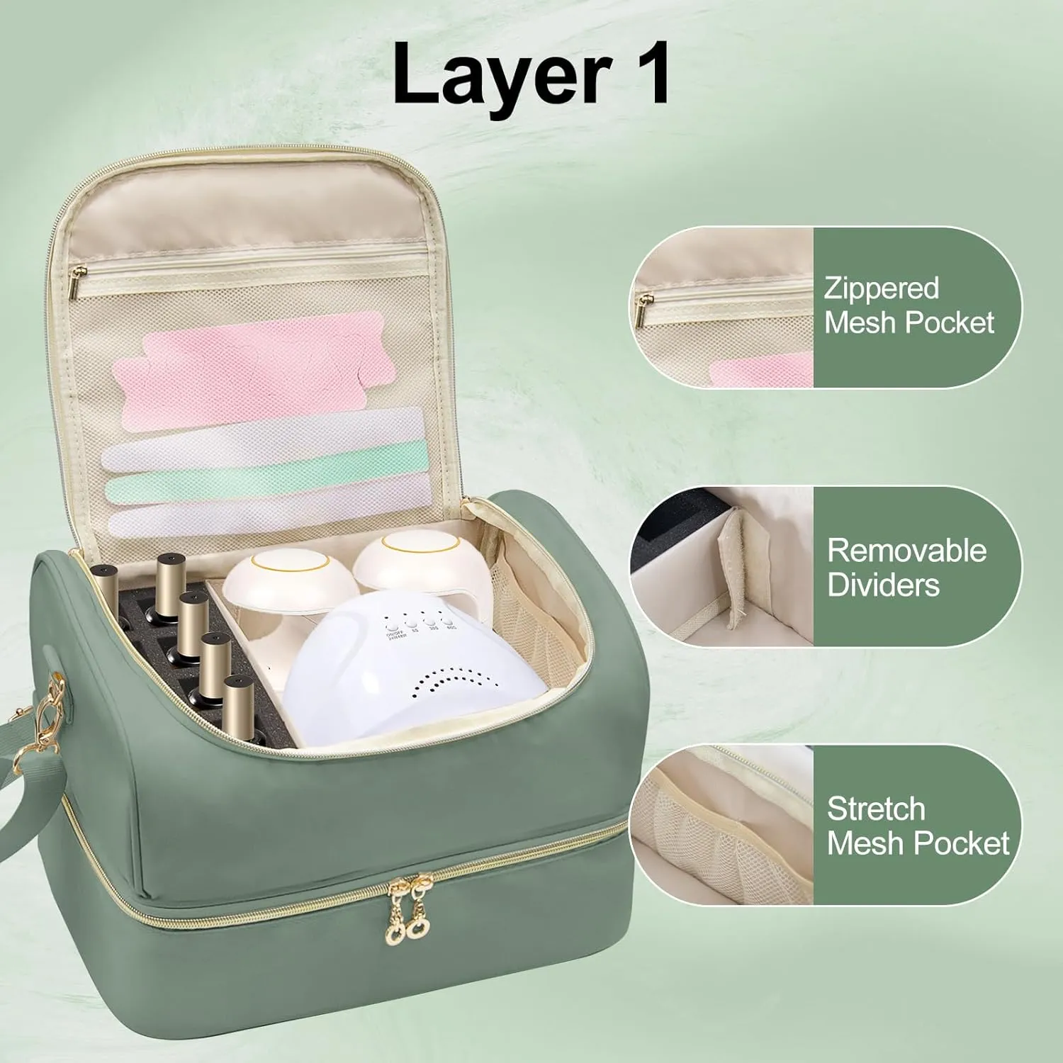 Nail Polish Organizer Case,Double Layer Nail Supplies Organizer Bag Storage Box Holds Up to 45 Bottles of Nail Polish and Nail Lamp