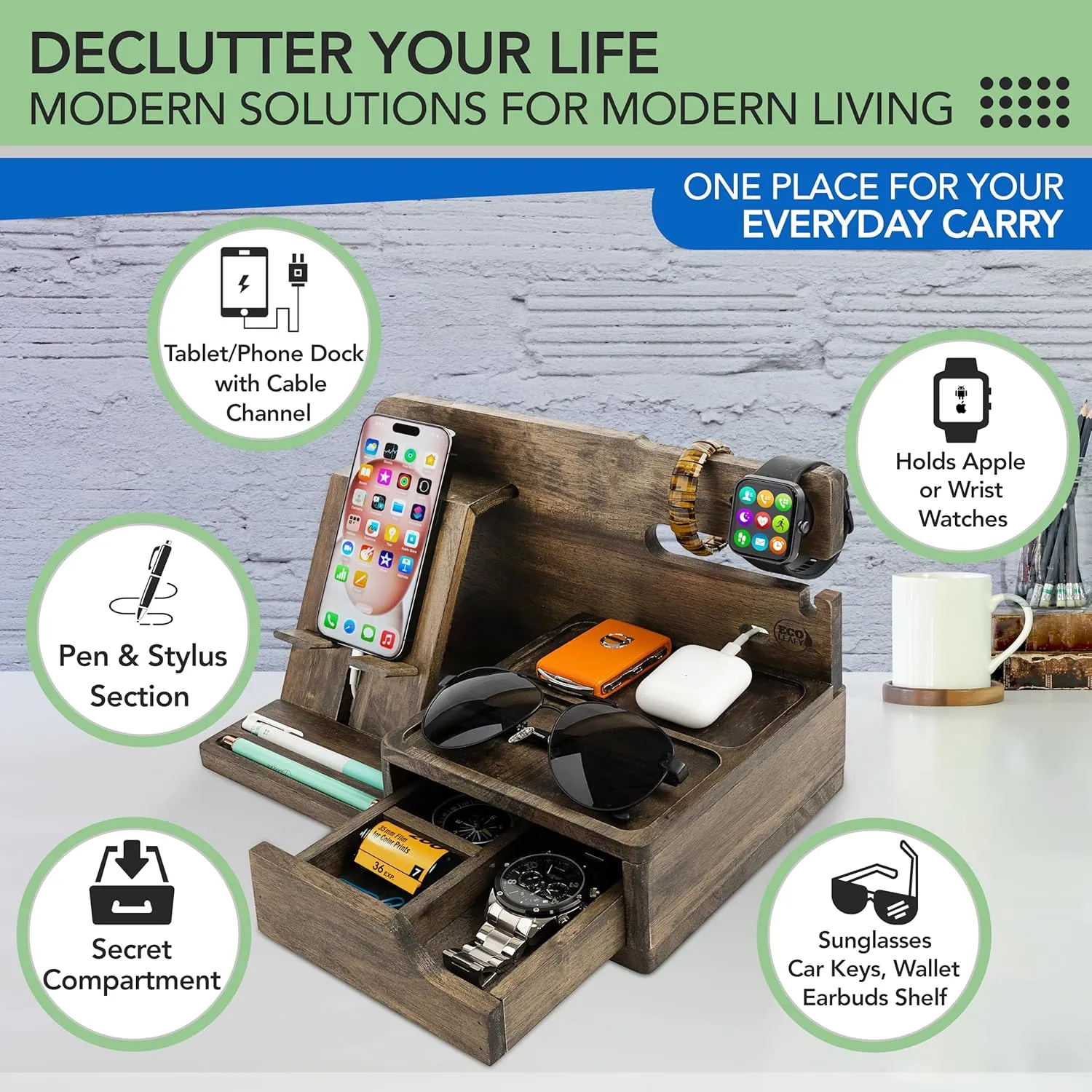 Nightstand Organizer - Bedside Docking Station for Men -Unique Gifts for Husband, Father or Dad from Wife, Son or Daughter -Desk Organizer for Phone, Watches & Accessories (Rustic)