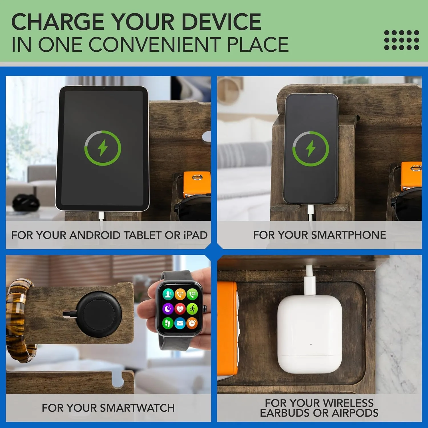 Nightstand Organizer - Bedside Docking Station for Men -Unique Gifts for Husband, Father or Dad from Wife, Son or Daughter -Desk Organizer for Phone, Watches & Accessories (Rustic)