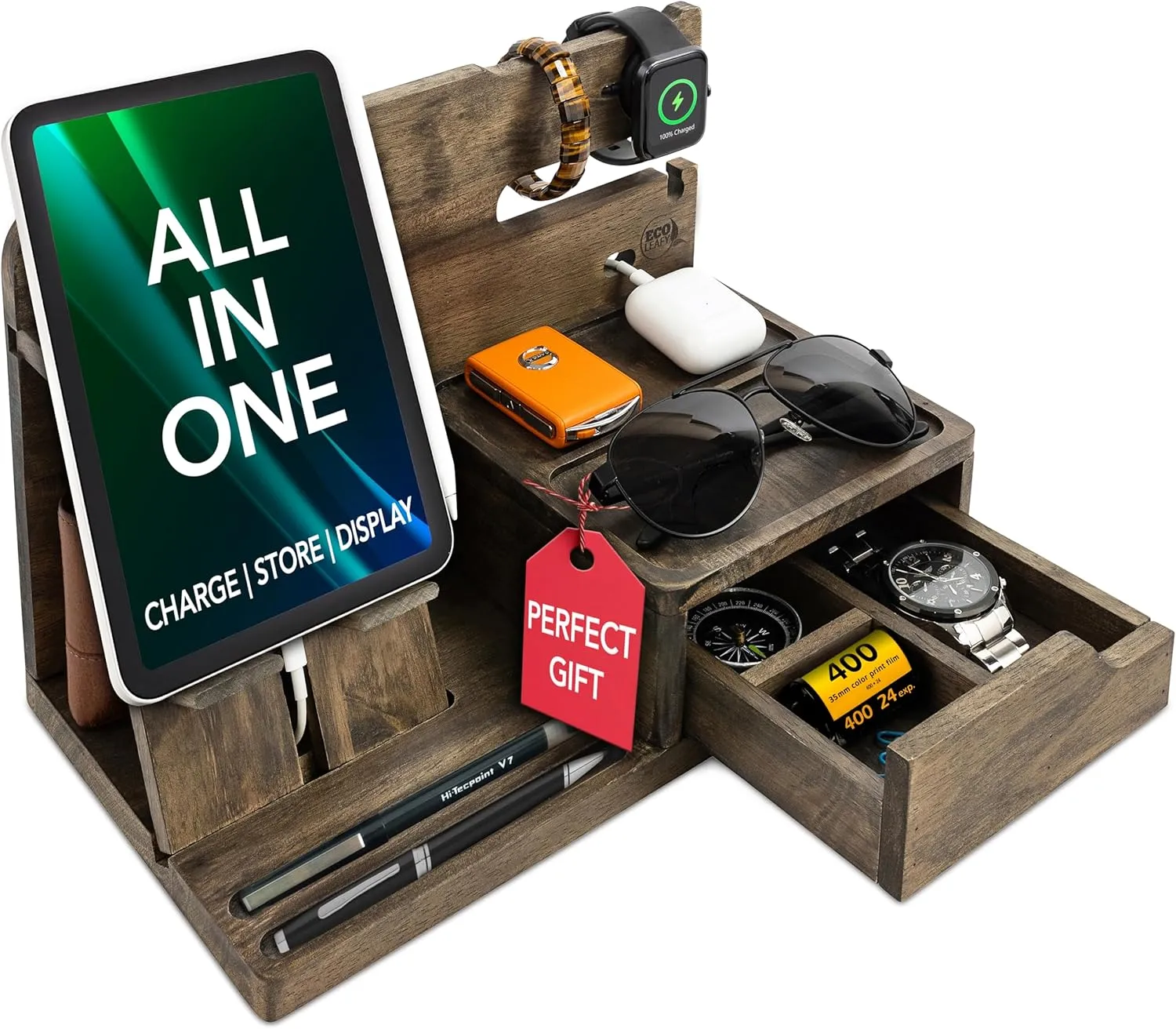 Nightstand Organizer - Bedside Docking Station for Men -Unique Gifts for Husband, Father or Dad from Wife, Son or Daughter -Desk Organizer for Phone, Watches & Accessories (Rustic)