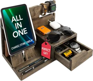 Nightstand Organizer - Bedside Docking Station for Men -Unique Gifts for Husband, Father or Dad from Wife, Son or Daughter -Desk Organizer for Phone, Watches & Accessories (Rustic)