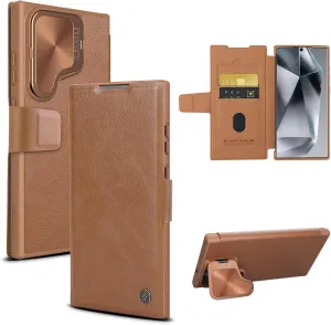 Nillkin for Samsung Galaxy S24 Ultra Wallet Case, PU Leather Case with Card Holder and Camera Cover, Built-in Camera Stand, Card Slot, Magnetic Flip Cover for Galaxy S24 Ultra 6.8 inch - Brown