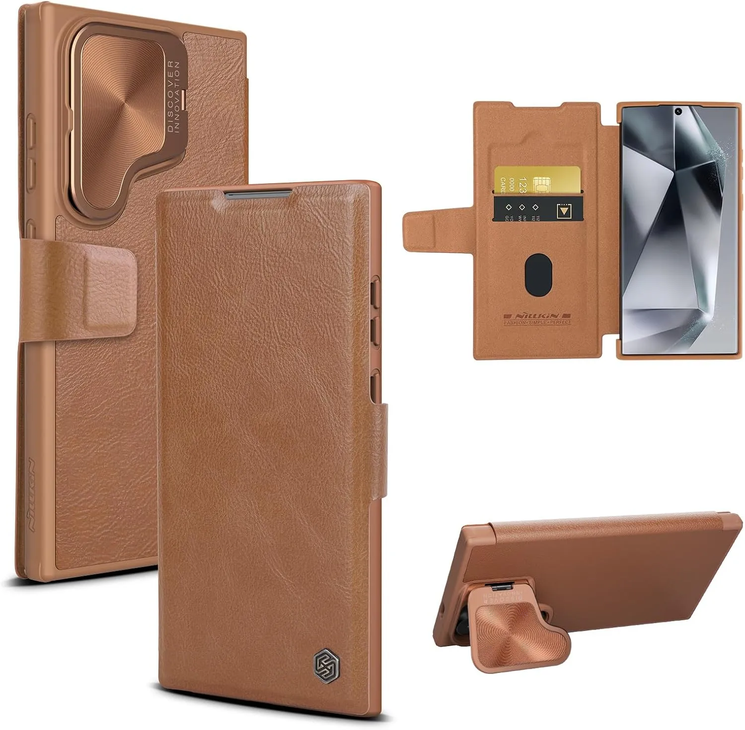 Nillkin for Samsung Galaxy S24 Ultra Wallet Case, PU Leather Case with Card Holder and Camera Cover, Built-in Camera Stand, Card Slot, Magnetic Flip Cover for Galaxy S24 Ultra 6.8 inch - Brown