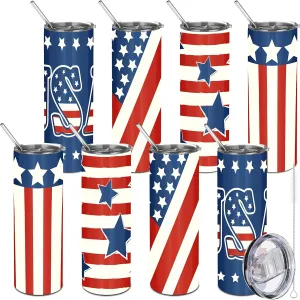 Norme American Flag Tumbler Patriotic Gift 20oz Tumbler for 4th of July Independence Day Stainless Steel Tumbler with Lid Straw Brush Insulated Travel Mug Cup for Fathers Day Memorial Veteran(8 Pcs)
