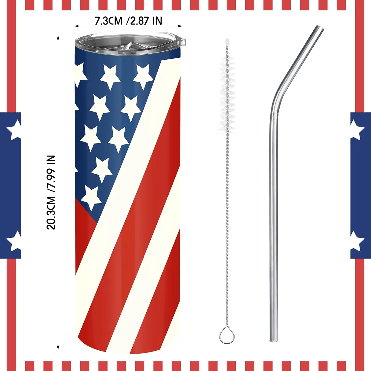 Norme American Flag Tumbler Patriotic Gift 20oz Tumbler for 4th of July Independence Day Stainless Steel Tumbler with Lid Straw Brush Insulated Travel Mug Cup for Fathers Day Memorial Veteran(8 Pcs)