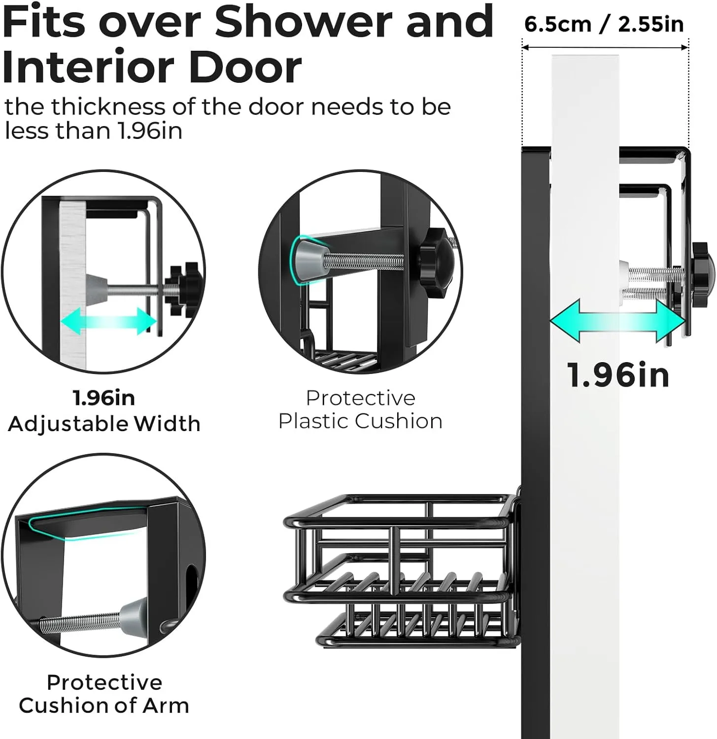 ODesign Over The Door Shower Caddy, 3-Tier Adjustable Hanging Shower Caddy with Soap Holder & 4 Hooks, Rustproof Bathroom Organizer with Suction Cup - Black