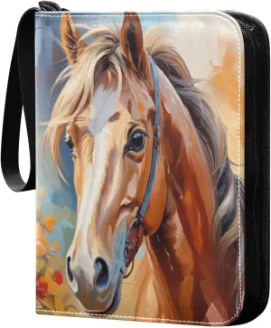 Oil Painting Horse Card Binder 4-Pocket, 400 Pockets PU Waterproof Zippered Collector Card Album with 50 Removable Sleeves for Trading, Game Cards
