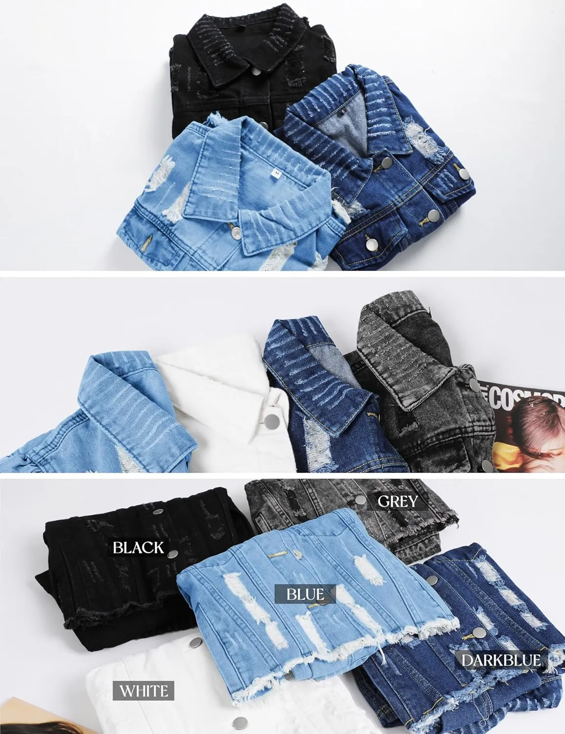Omoone Women's Ripped Puff Sleeve Denim Crop Top Long-Sleeve Cropped Jean Jacket