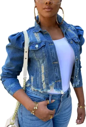 Omoone Women's Ripped Puff Sleeve Denim Crop Top Long-Sleeve Cropped Jean Jacket