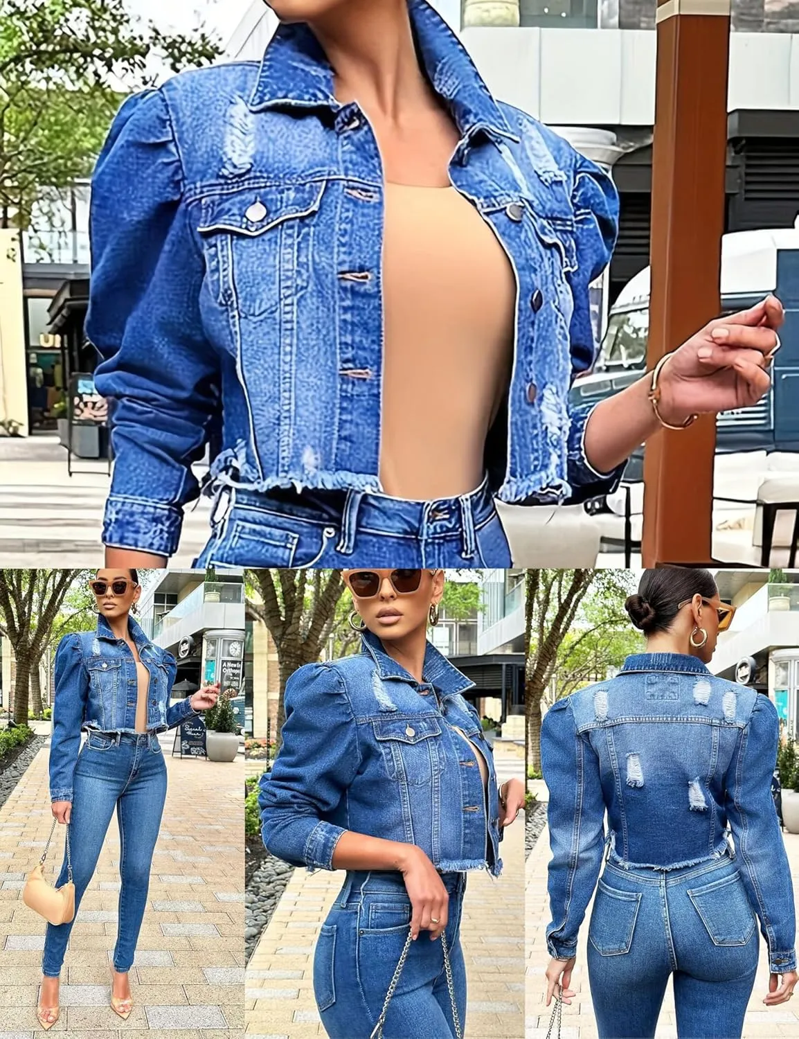 Omoone Women's Ripped Puff Sleeve Denim Crop Top Long-Sleeve Cropped Jean Jacket