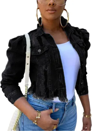 Omoone Women's Ripped Puff Sleeve Denim Crop Top Long-Sleeve Cropped Jean Jacket