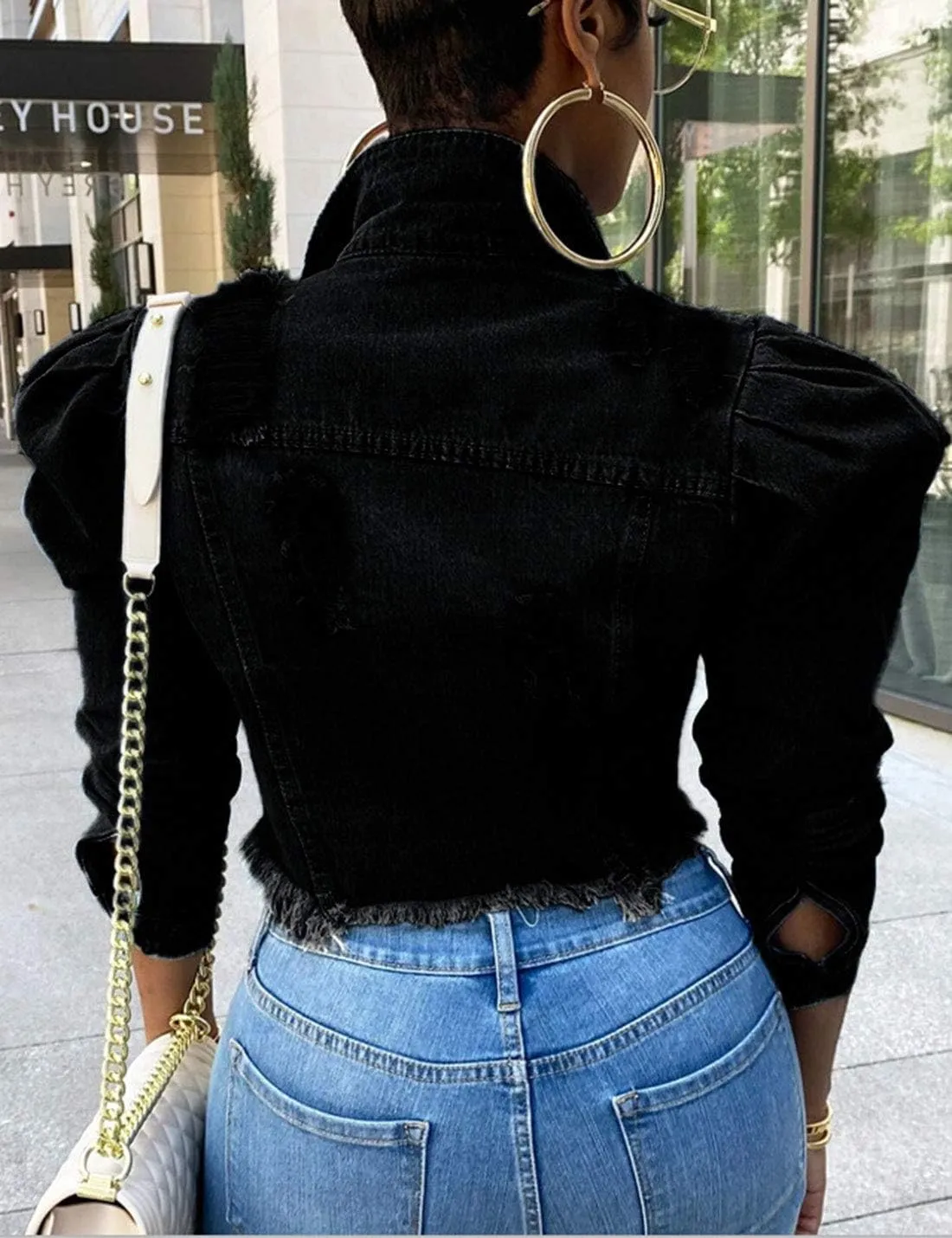 Omoone Women's Ripped Puff Sleeve Denim Crop Top Long-Sleeve Cropped Jean Jacket