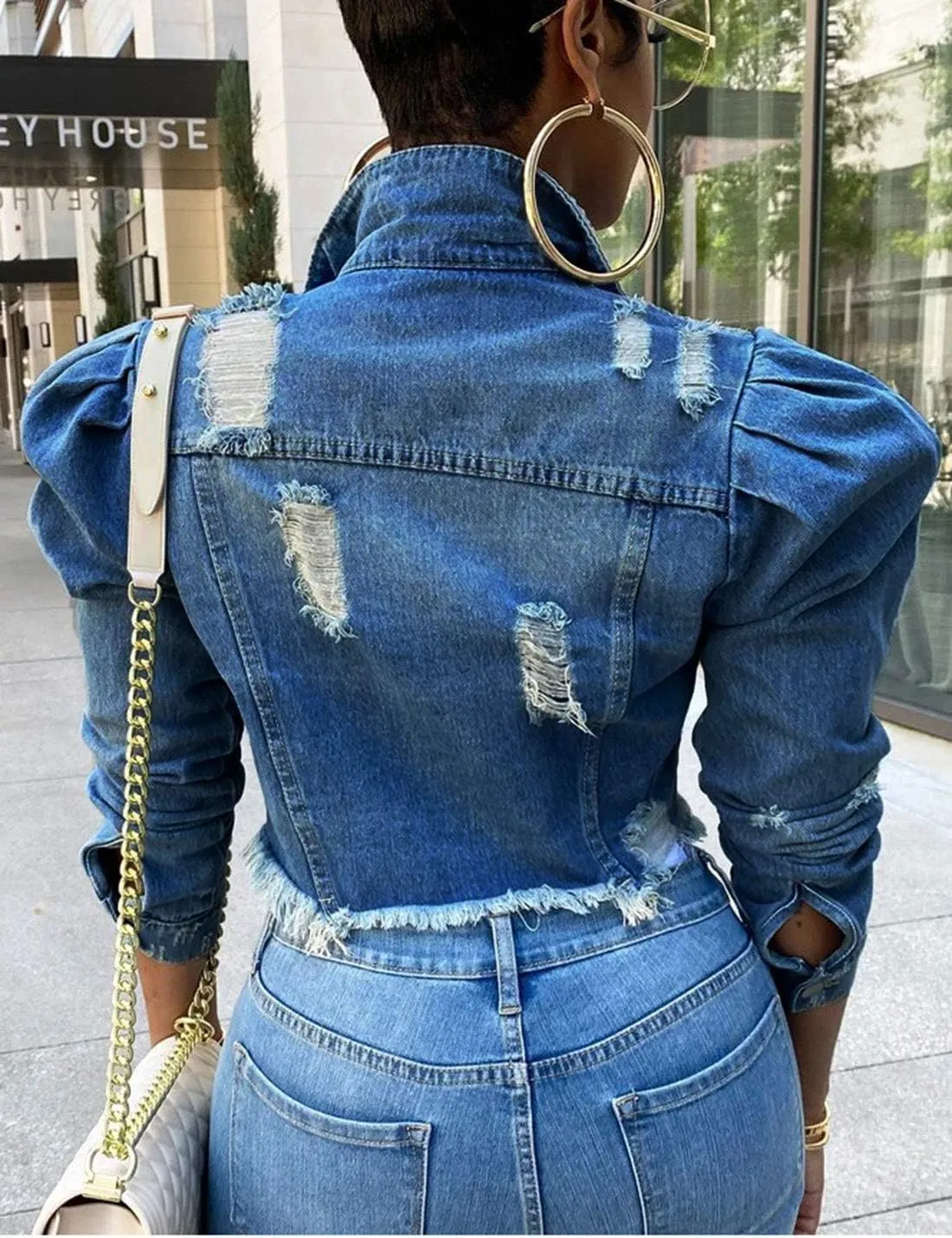 Omoone Women's Ripped Puff Sleeve Denim Crop Top Long-Sleeve Cropped Jean Jacket