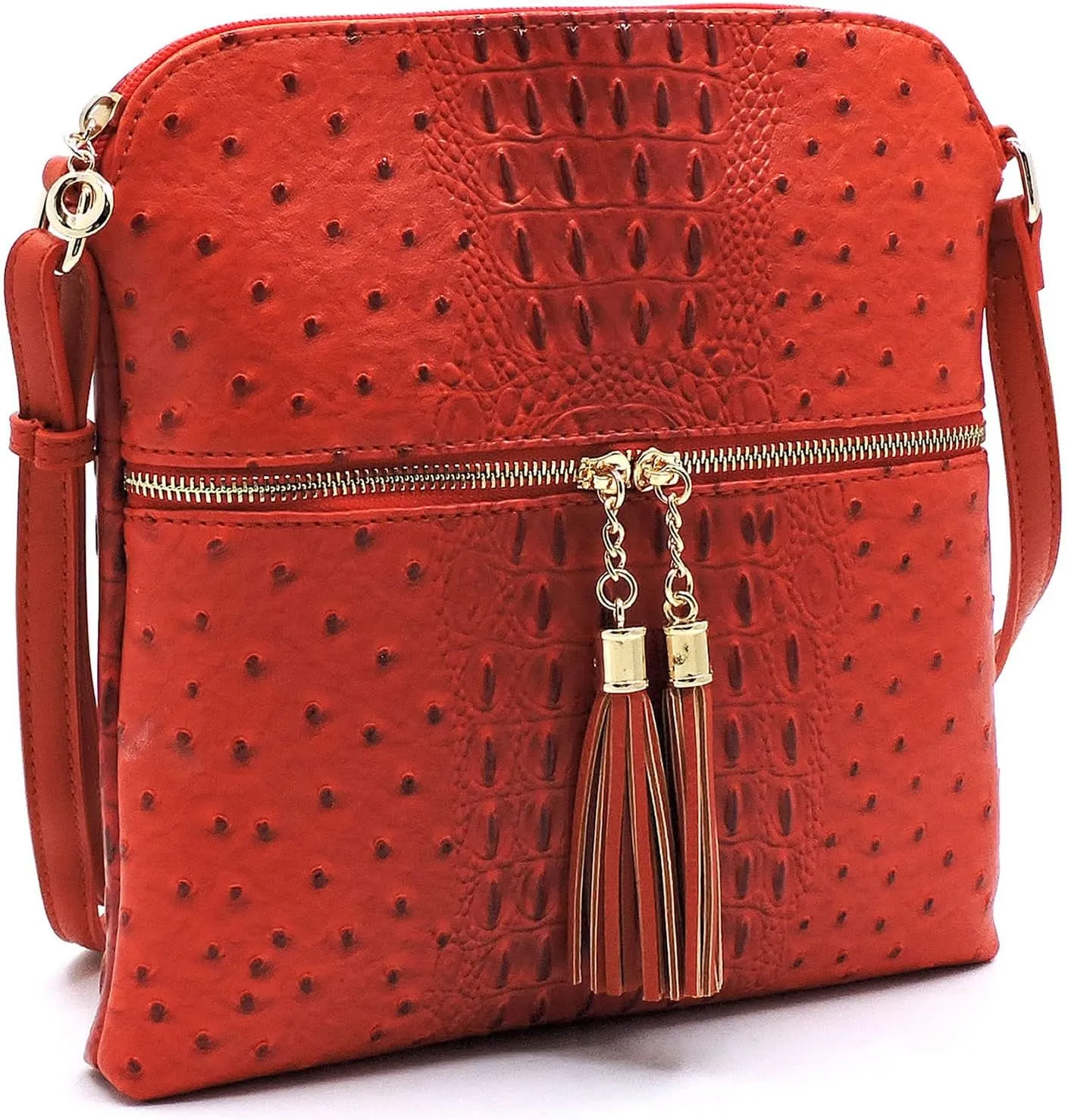 Ostrich Croc Tassel Zipper Pocket Crossbody Bag Animal Pattern Printed Shoulder Bag Womens Purse Satchel