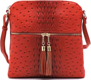 Ostrich Croc Tassel Zipper Pocket Crossbody Bag Animal Pattern Printed Shoulder Bag Womens Purse Satchel