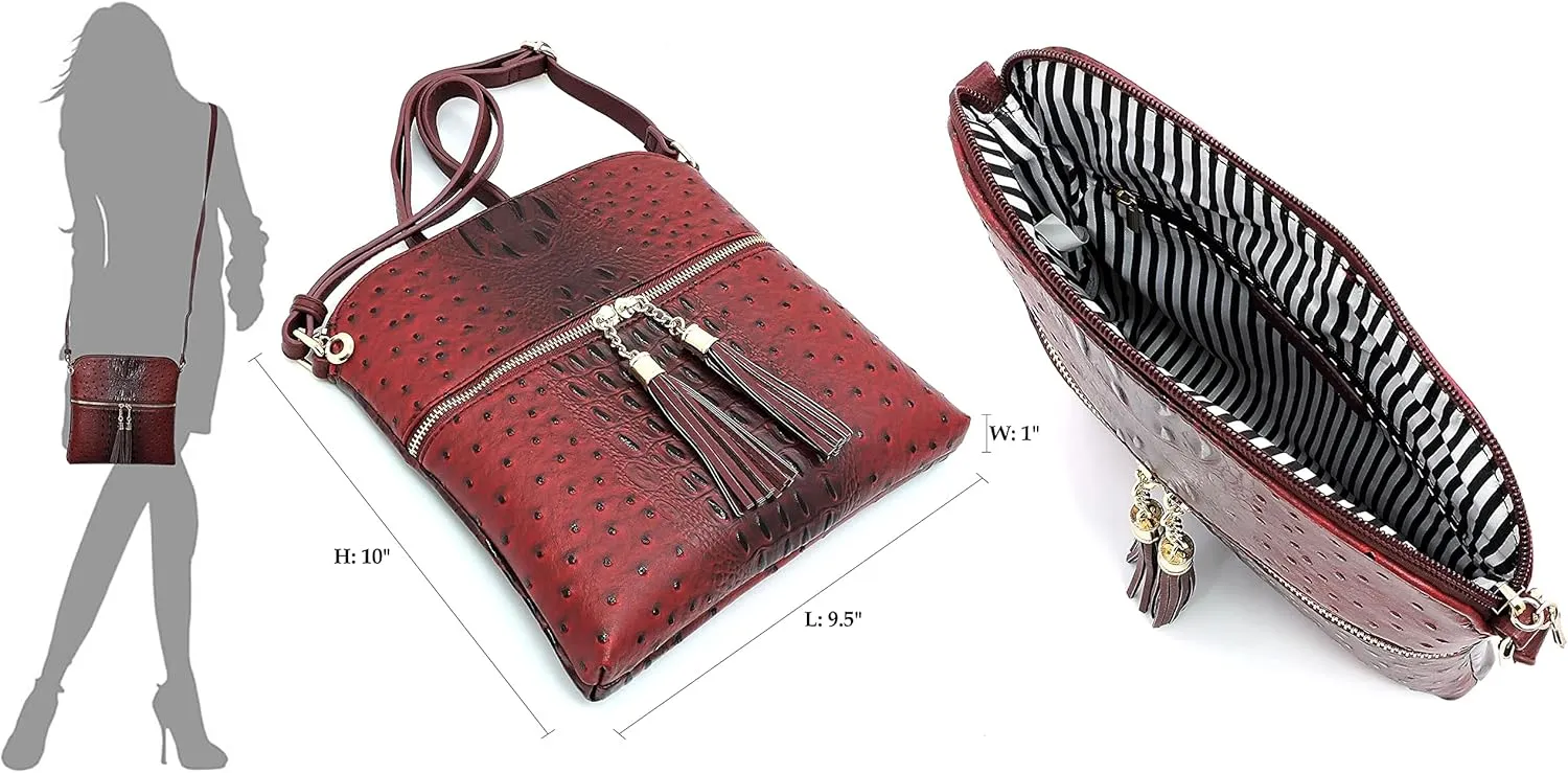 Ostrich Croc Tassel Zipper Pocket Crossbody Bag Animal Pattern Printed Shoulder Bag Womens Purse Satchel