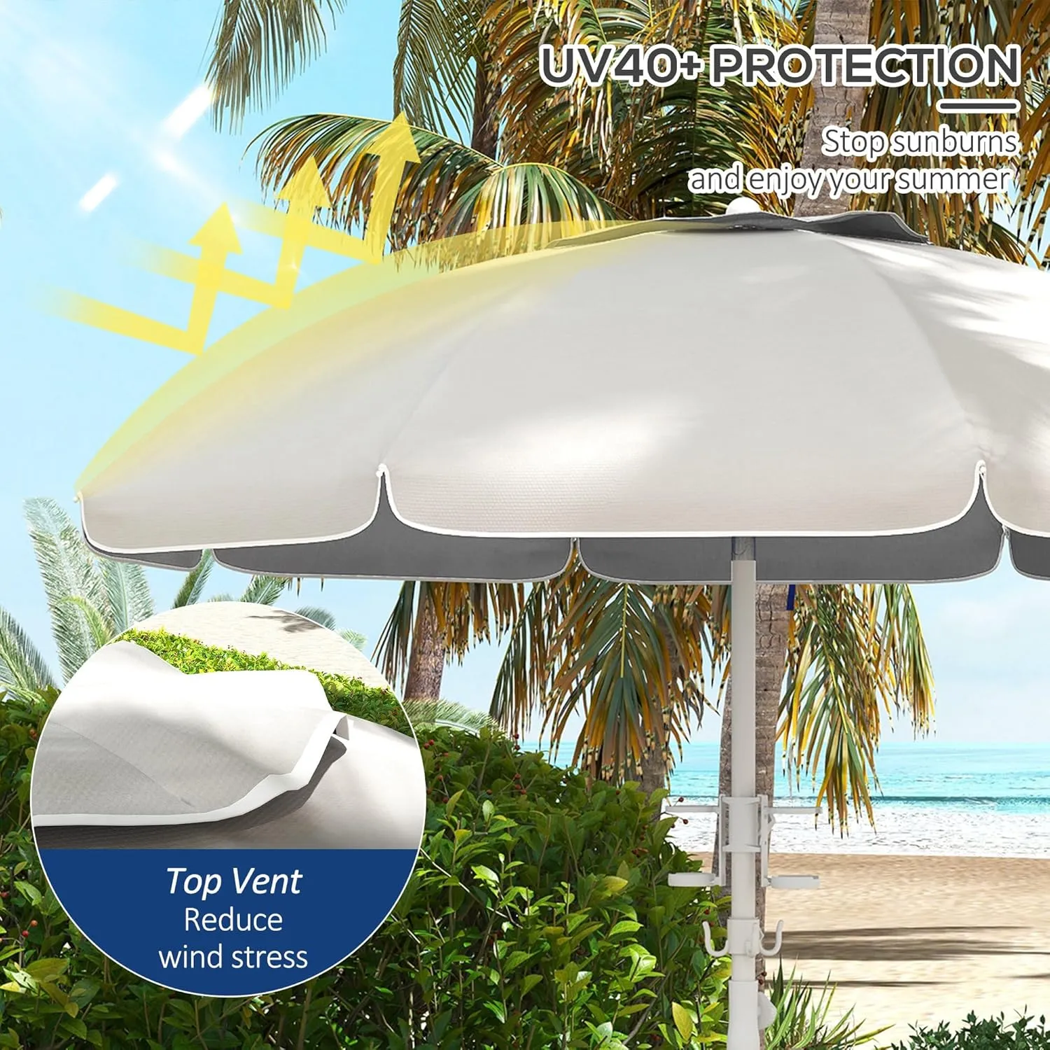Outsunny 5.7' Portable Beach Umbrella with Tilt, Adjustable Height, 2 Cup Holders, Hook, Ruffled Outdoor Umbrella with Vented Canopy
