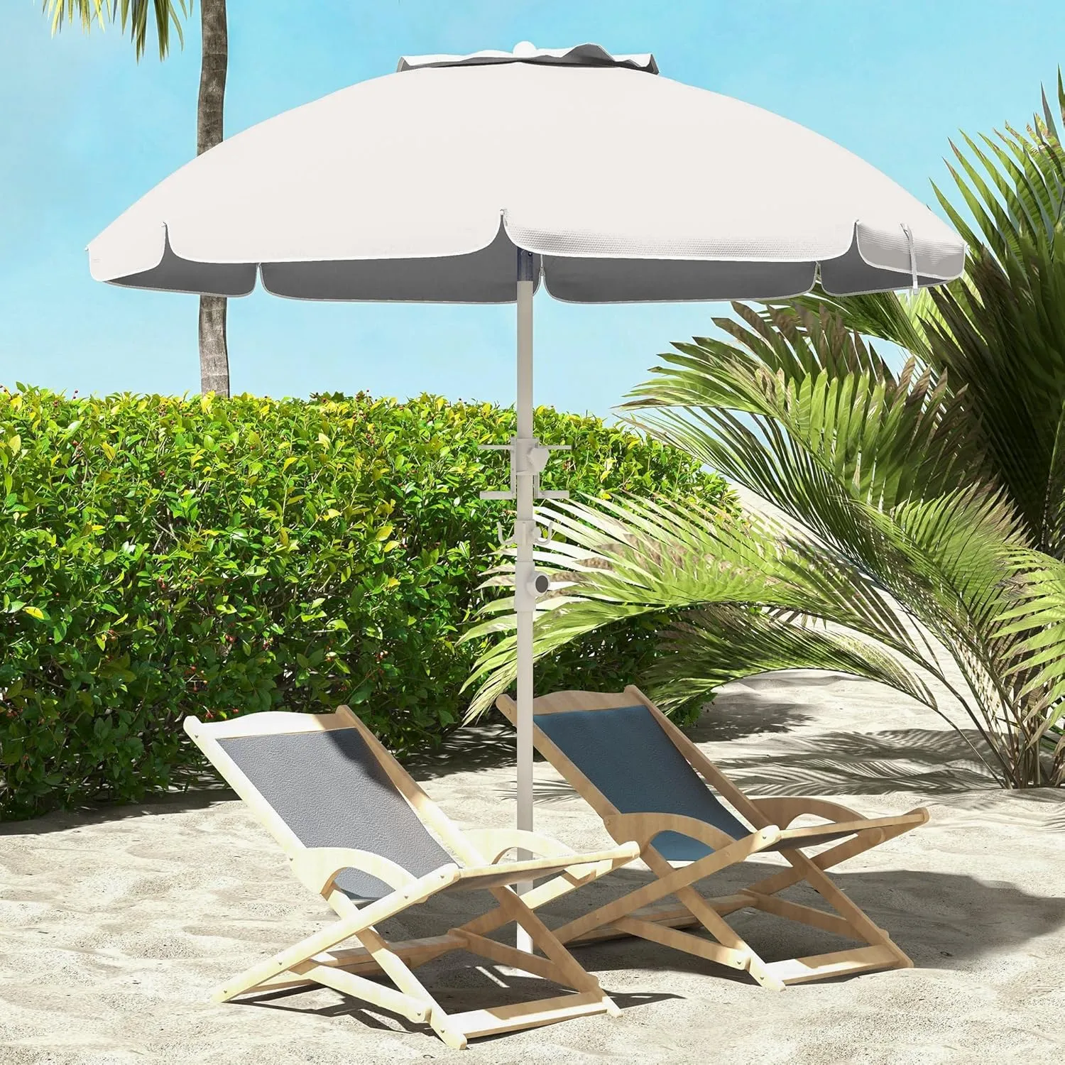Outsunny 5.7' Portable Beach Umbrella with Tilt, Adjustable Height, 2 Cup Holders, Hook, Ruffled Outdoor Umbrella with Vented Canopy