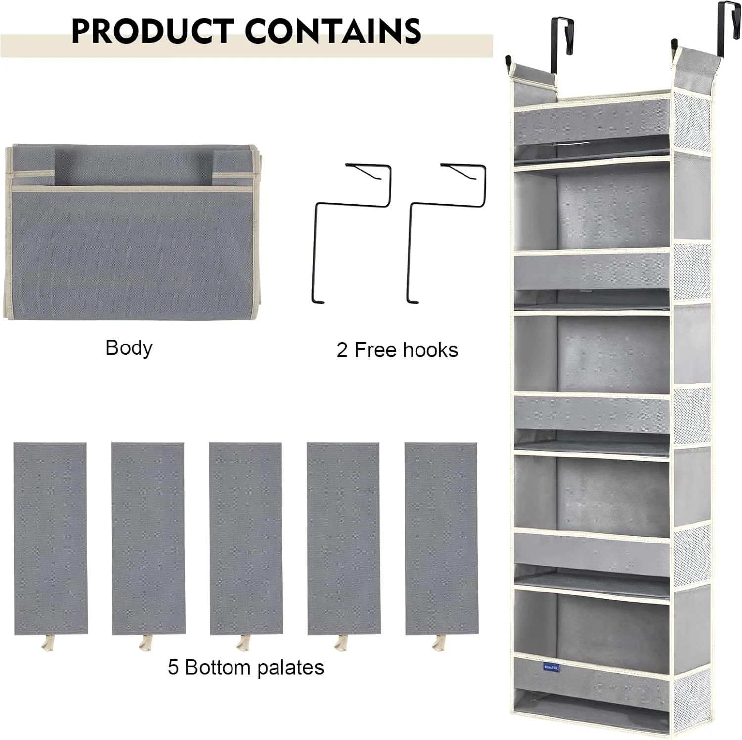 Over The Door Organizer 5-Shelves and 10 Side Pockets, Over The Door Storage for Bathroom Bedroom Nursery, Hanging Door Organizer for Baby Diapers and Kids Toys (13"x5"x44", Grey)