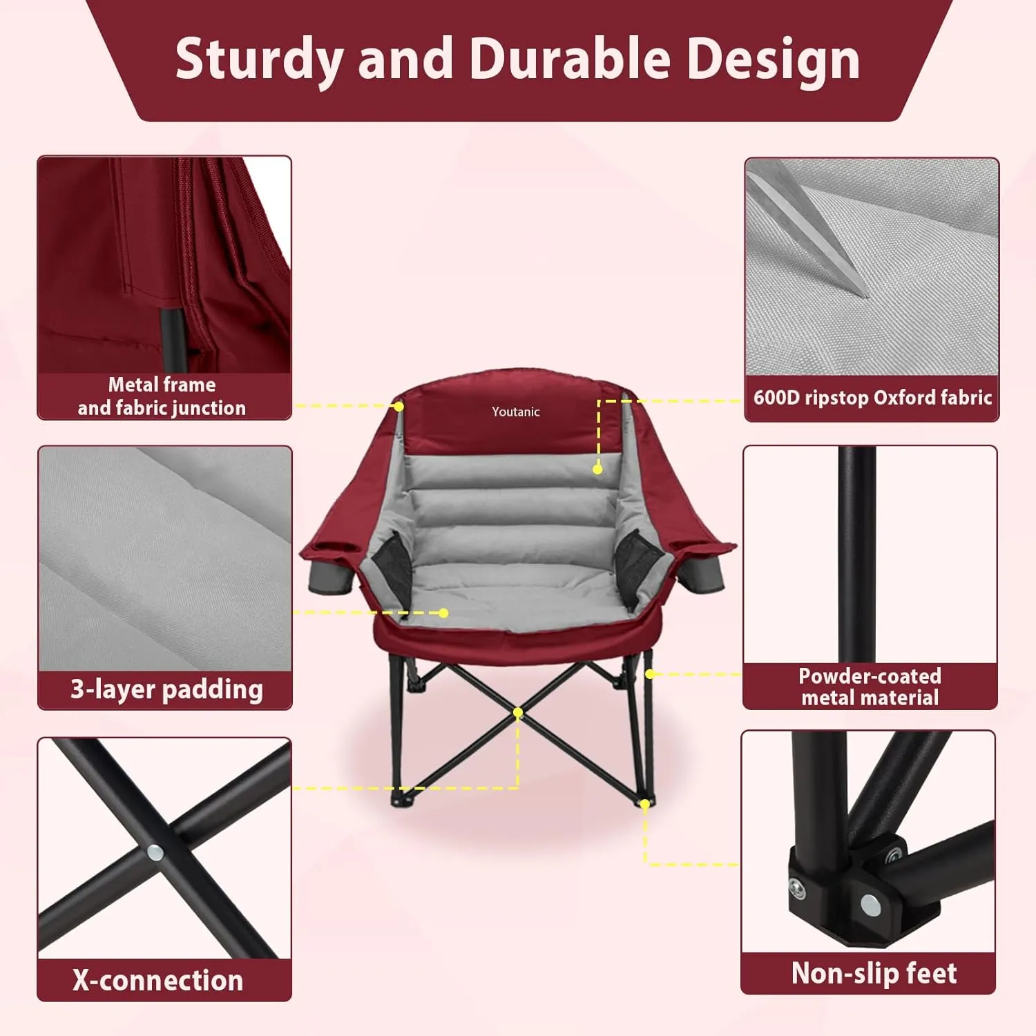 Oversized Camping Chair, Portable Folding Camping Chairs with Side Pocket, Cup Holder and Carry Bag, Heavy Duty Outdoor Camping Chairs for Adults, Fishing, Sports, Trip, up to 400lbs, Style 3