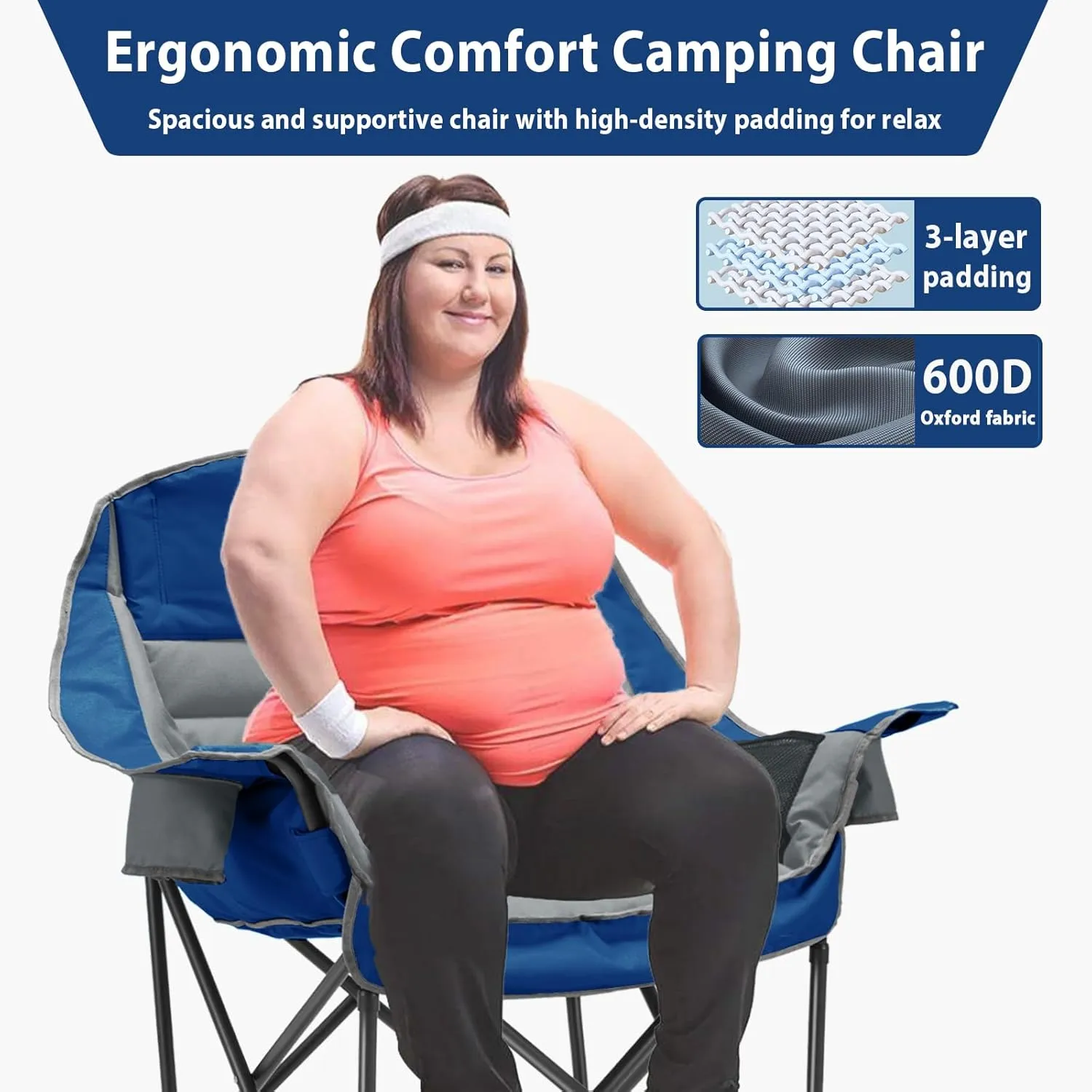 Oversized Camping Chair, Portable Folding Camping Chairs with Side Pocket, Cup Holder and Carry Bag, Heavy Duty Outdoor Camping Chairs for Adults, Fishing, Sports, Trip, up to 400lbs, Style 6