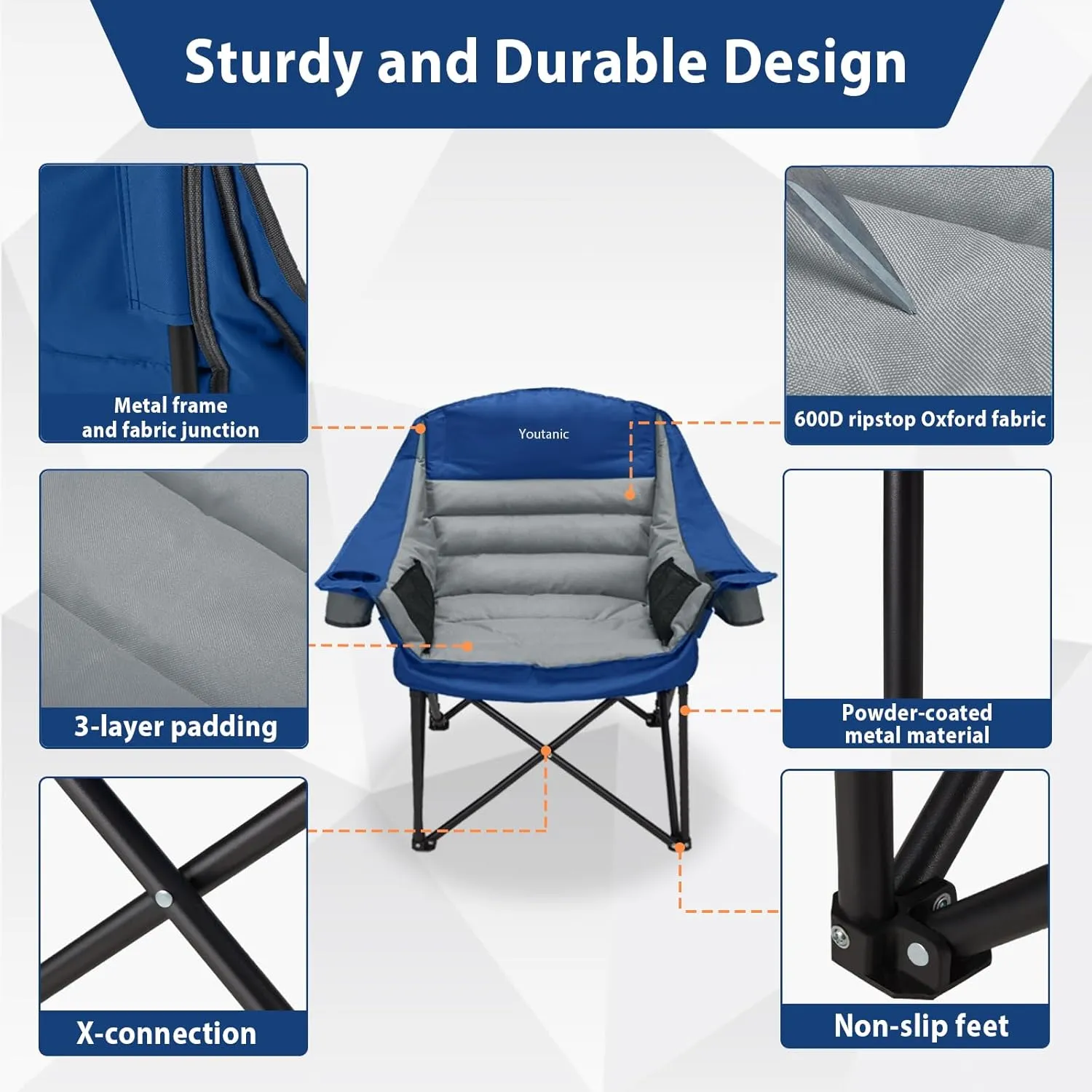 Oversized Camping Chair, Portable Folding Camping Chairs with Side Pocket, Cup Holder and Carry Bag, Heavy Duty Outdoor Camping Chairs for Adults, Fishing, Sports, Trip, up to 400lbs, Style 6