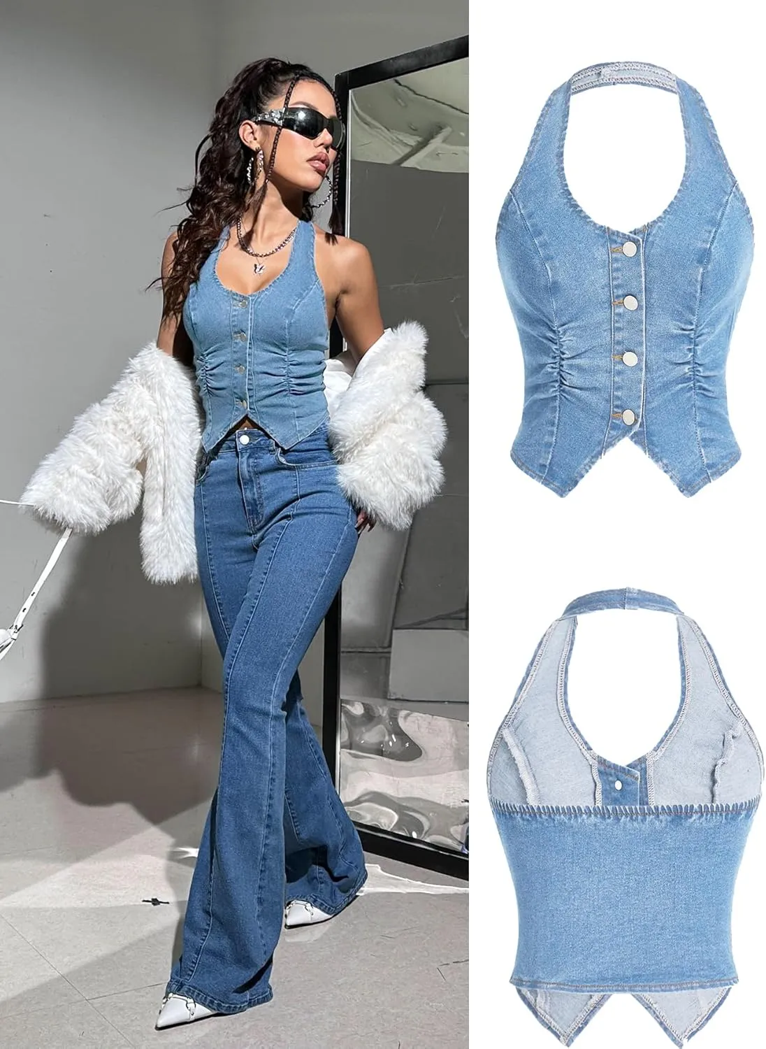 OYOANGLE Women's Vintage Denim Crop Tank Button Front Sleeveless Halter Jean Vest