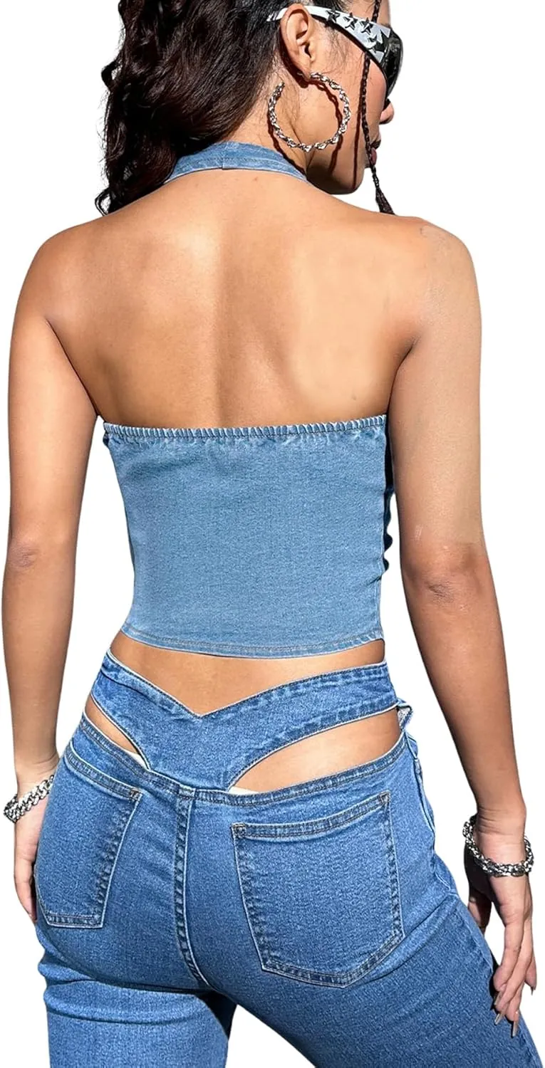 OYOANGLE Women's Vintage Denim Crop Tank Button Front Sleeveless Halter Jean Vest