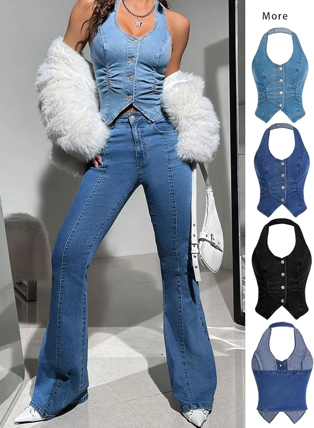 OYOANGLE Women's Vintage Denim Crop Tank Button Front Sleeveless Halter Jean Vest
