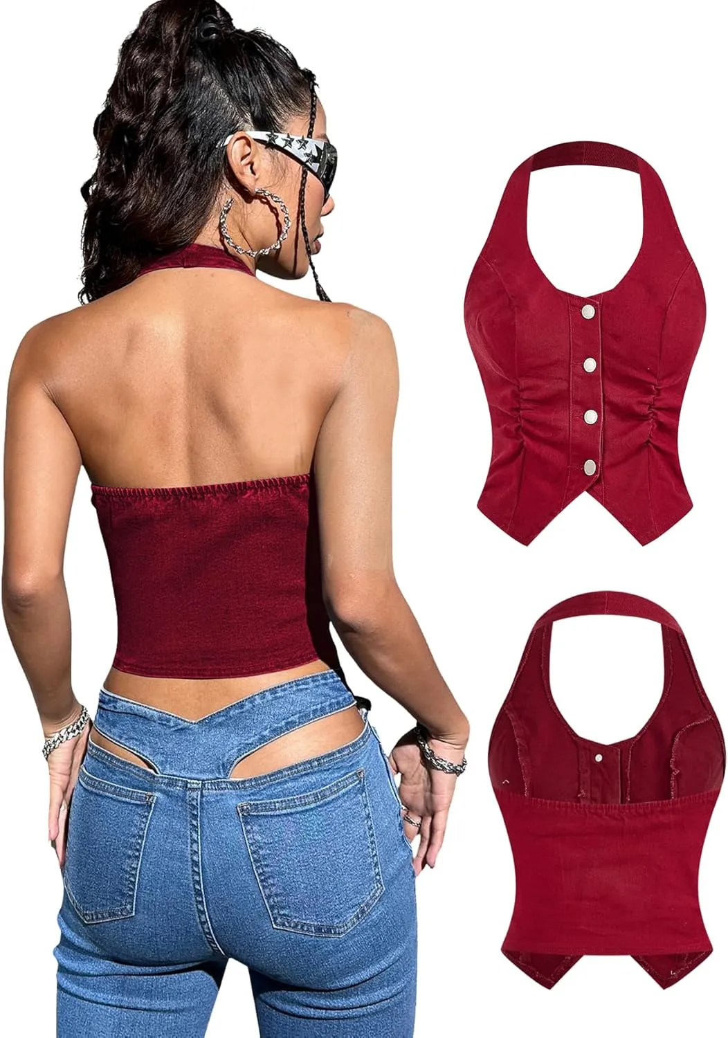 OYOANGLE Women's Vintage Denim Crop Tank Button Front Sleeveless Halter Jean Vest
