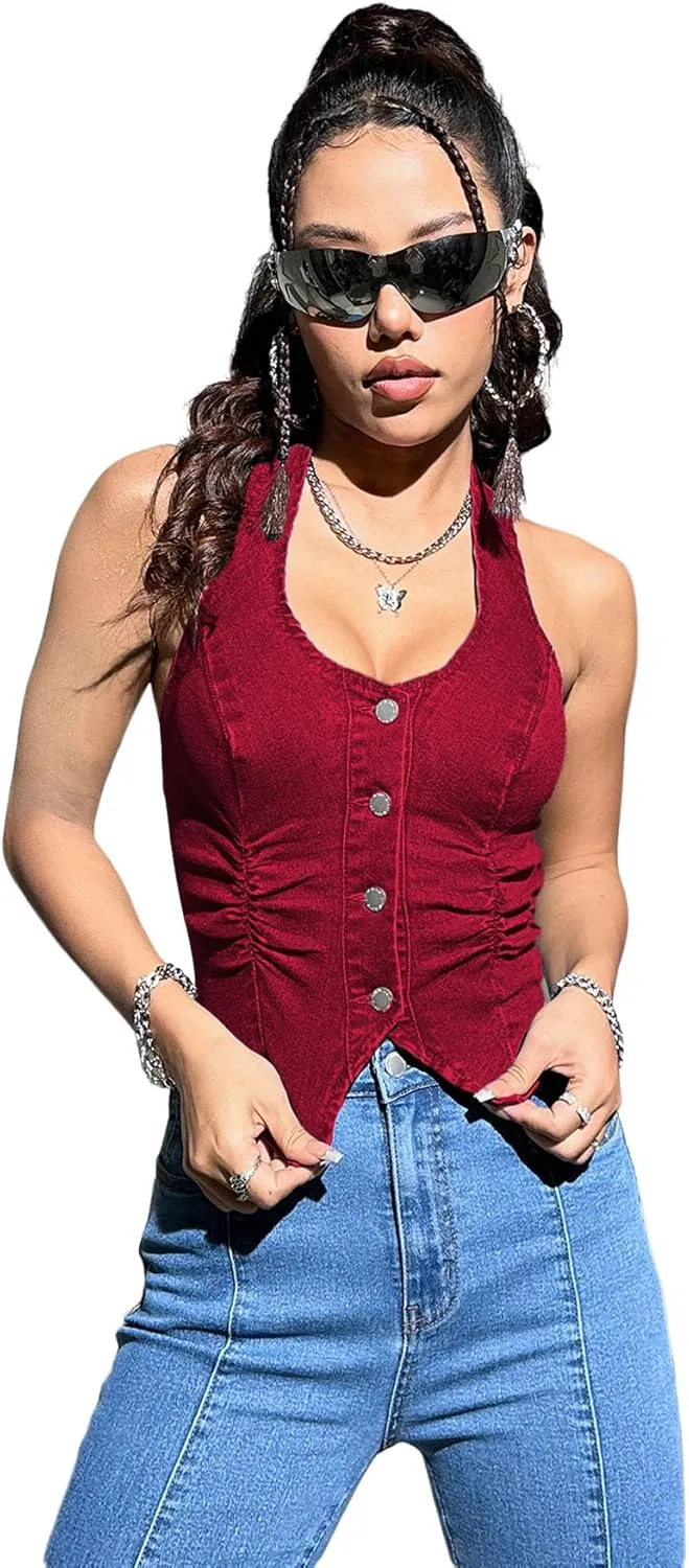 OYOANGLE Women's Vintage Denim Crop Tank Button Front Sleeveless Halter Jean Vest