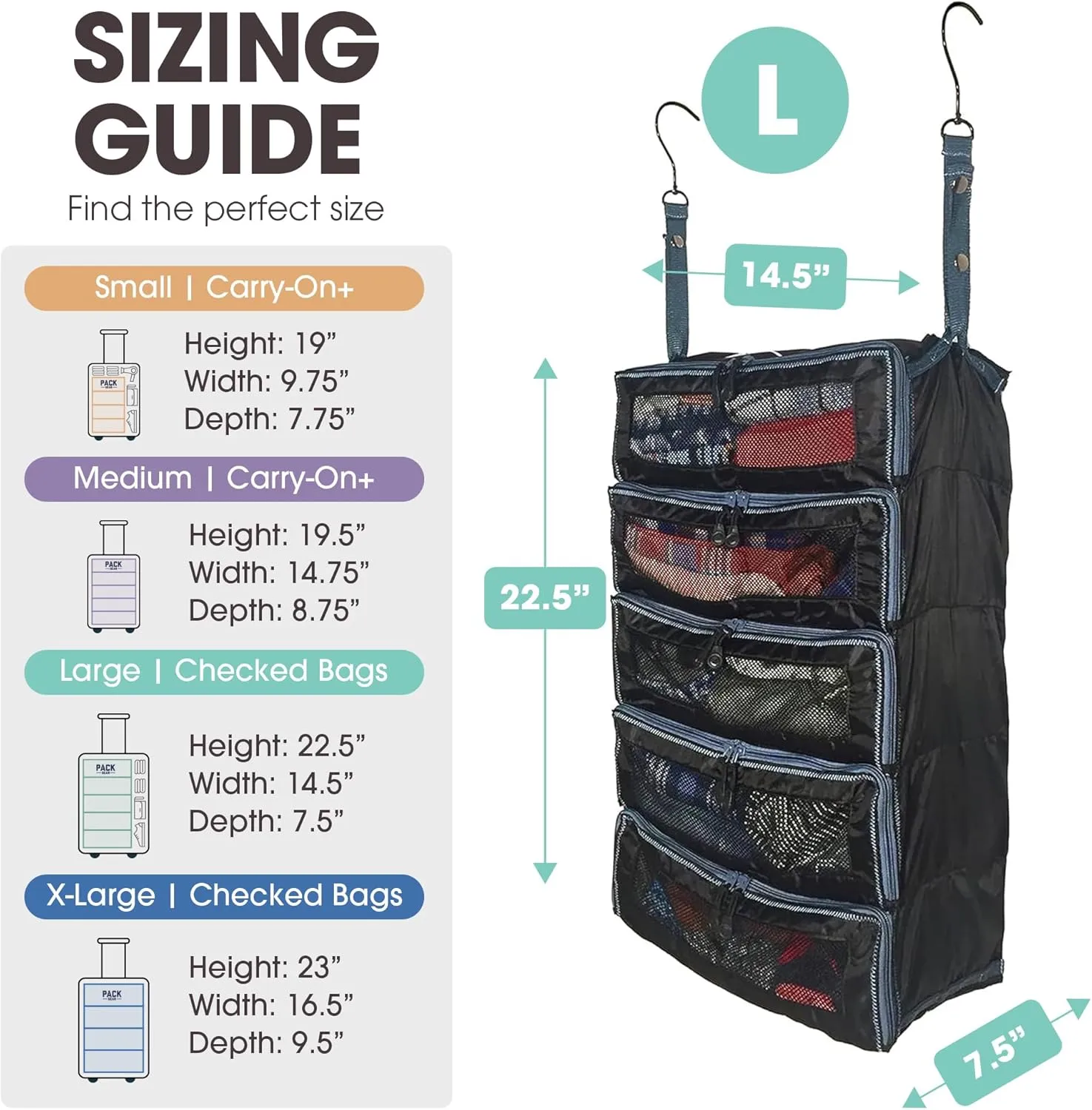 Pack Gear Hanging Suitcase Organizer - Our Large Hanging Luggage Organizer Fits Any Suitcase - Our Packing Cubes For Travel Uses Mesh Windows to Make it Easy to Find your Clothes (Black, L)