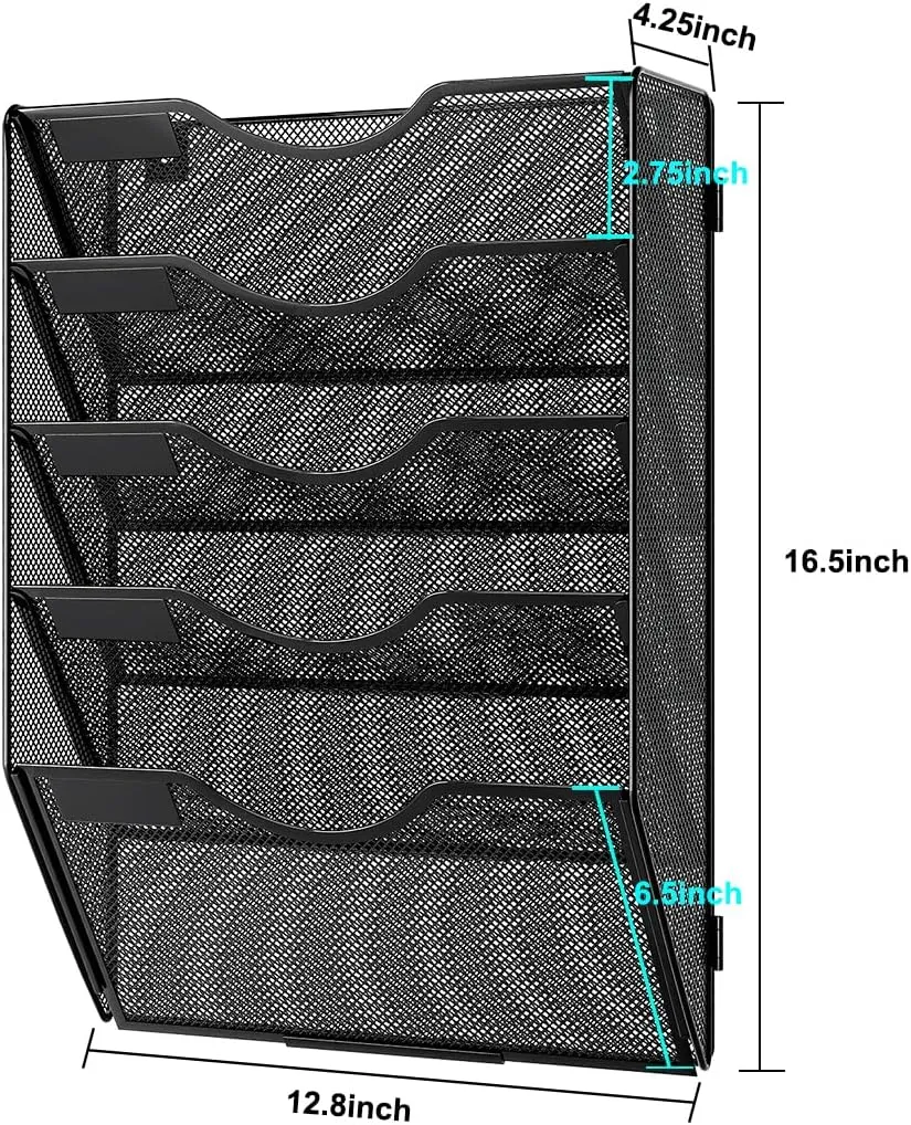 PAG Hanging Wall File Holder, 5 Tier Mail Sorter for Wall, Mesh Office Wall Organizer For Papers/Folders/Files Clipboard & Magazine, Black