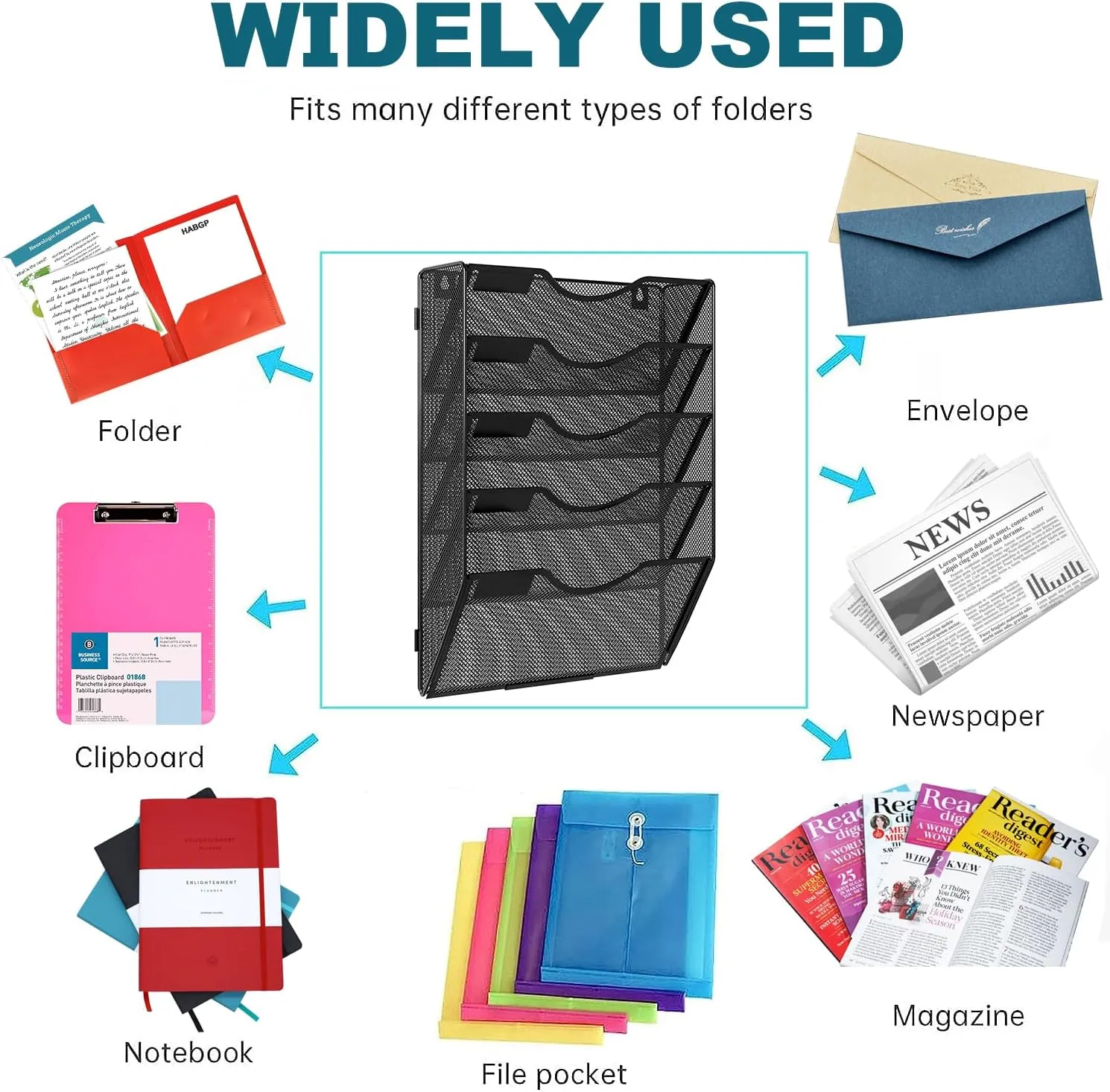 PAG Hanging Wall File Holder, 5 Tier Mail Sorter for Wall, Mesh Office Wall Organizer For Papers/Folders/Files Clipboard & Magazine, Black