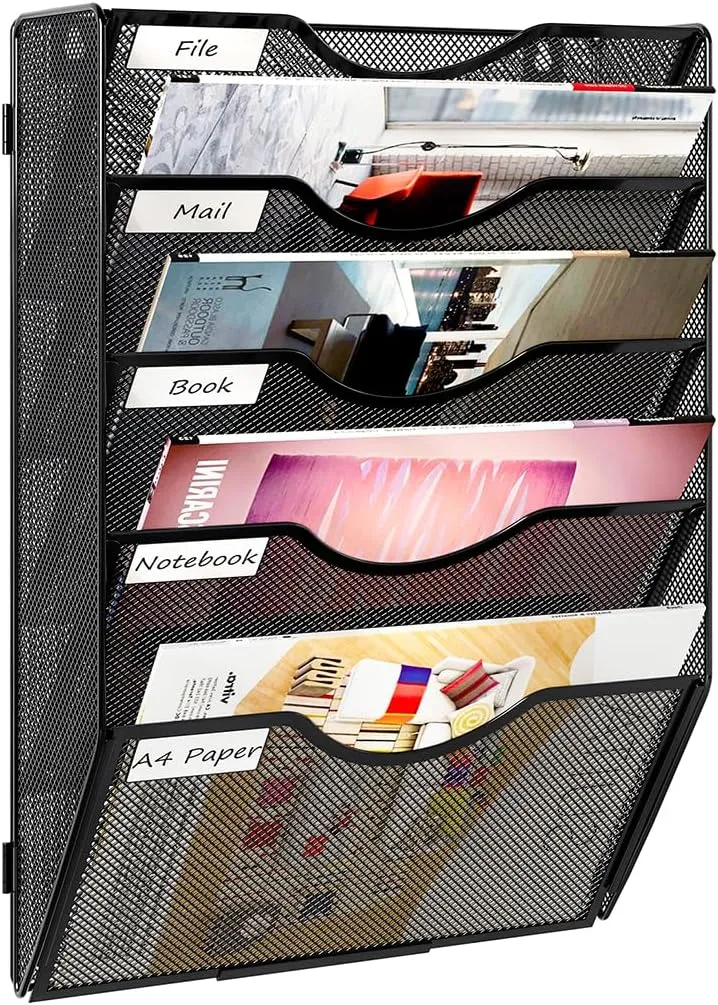 PAG Hanging Wall File Holder, 5 Tier Mail Sorter for Wall, Mesh Office Wall Organizer For Papers/Folders/Files Clipboard & Magazine, Black