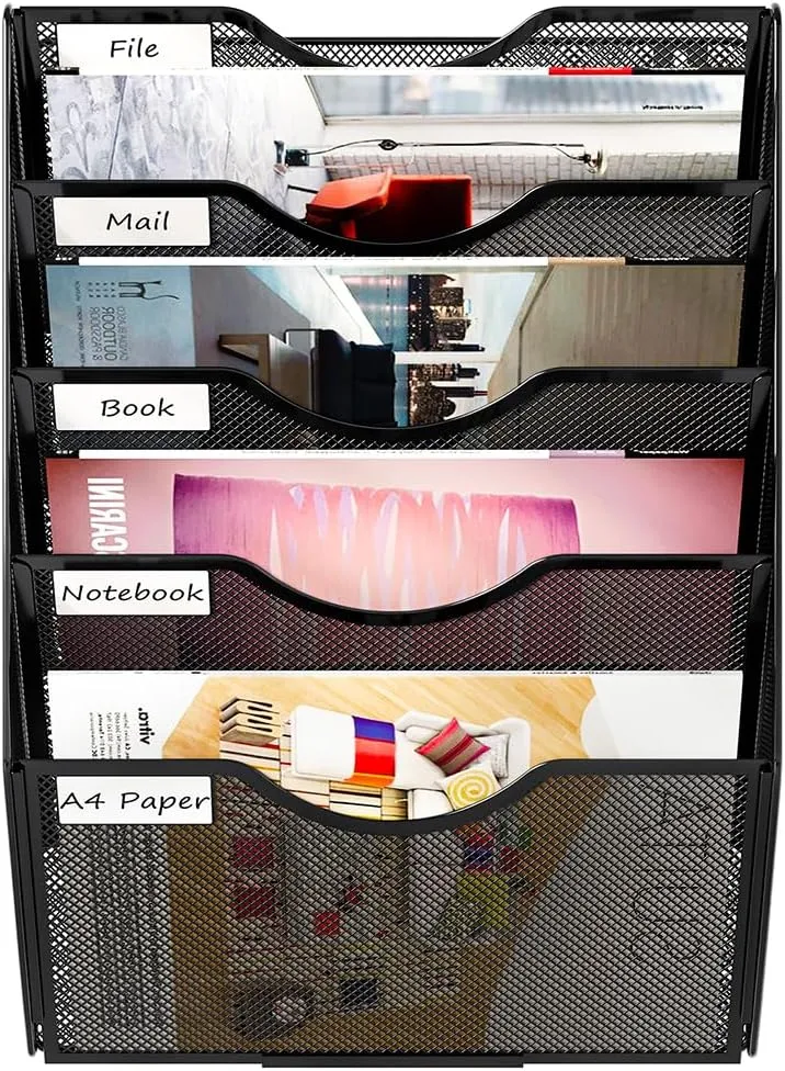 PAG Hanging Wall File Holder, 5 Tier Mail Sorter for Wall, Mesh Office Wall Organizer For Papers/Folders/Files Clipboard & Magazine, Black