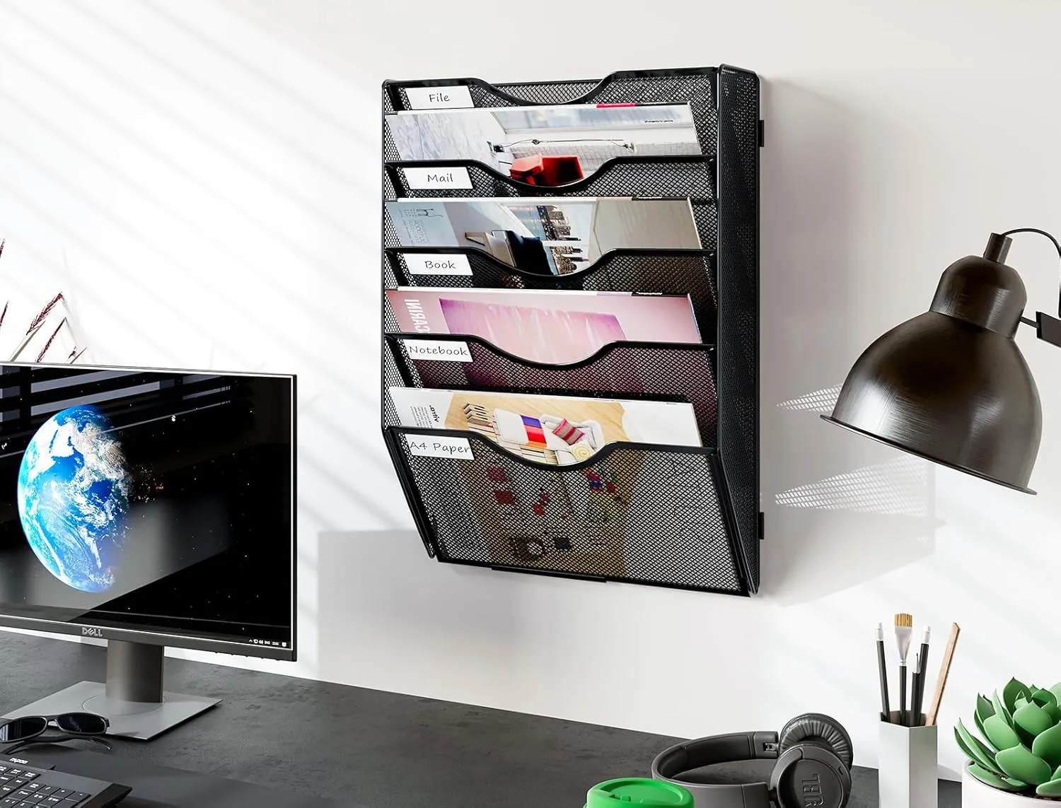 PAG Hanging Wall File Holder, 5 Tier Mail Sorter for Wall, Mesh Office Wall Organizer For Papers/Folders/Files Clipboard & Magazine, Black
