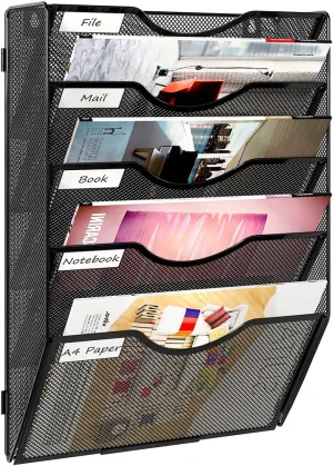 PAG Hanging Wall File Holder, 5 Tier Mail Sorter for Wall, Mesh Office Wall Organizer For Papers/Folders/Files Clipboard & Magazine, Black