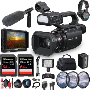 Panasonic AG-CX20 Professional Compact 4K Camcorder Ideal for Broadcast, Live Streaming   4K Monitor   Pro Headphones   ECM-VG1 Microphone   2 x 64GB Card   Filter Kit   Wide Angle Lens   More