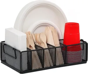 Paper Plate Dispenser with Handle, Metal Paper Plate Holders for Kitchen Counter, Utensil Holder Organizer with 6 Compartments, Silverware Holder Caddy for Cup Fork Spoon Napkin Party Camping