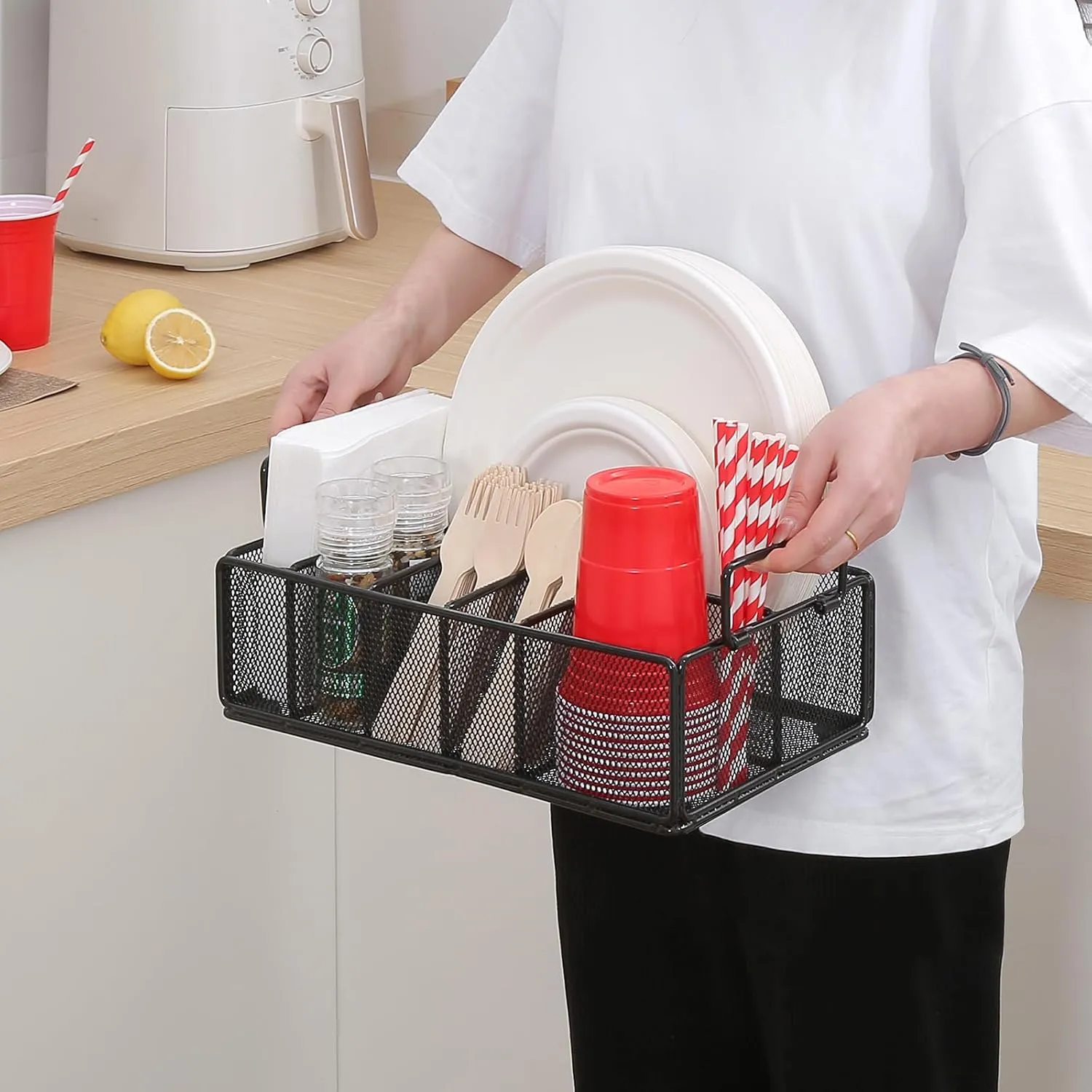 Paper Plate Dispenser with Handle, Metal Paper Plate Holders for Kitchen Counter, Utensil Holder Organizer with 6 Compartments, Silverware Holder Caddy for Cup Fork Spoon Napkin Party Camping